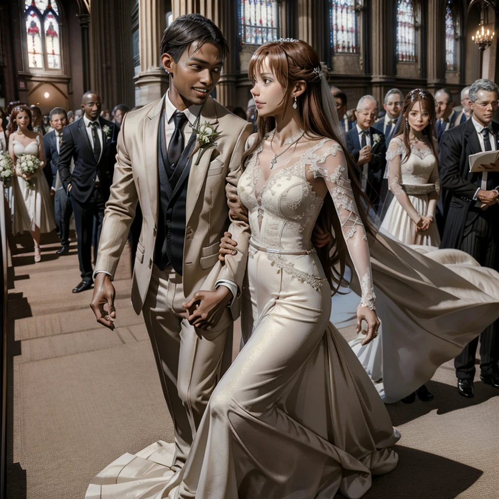 ((highest quality)), ((masterpiece)), Perfect Face、((Yuuki Asuna))、Brown Hair、(Black man and woman getting married)、The woman is wearing a gorgeous white wedding dress and a veil.、The man is in a tuxedo、(Black men have dark skin and strong bodies)、Woman has happy expression、The woman is wearing earrings and a necklace、Man and woman engagement ringan and woman are blessed with rice shower outside church)、A man and a woman walk arm in arm down the red carpet aisle at a wedding、Wedding in church