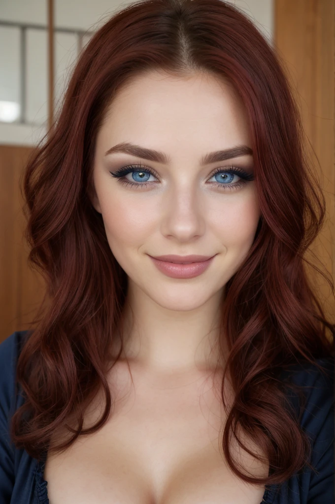 (close up shot),blue eyes, eyeshadow,eyelashes, pupils, eyebrows, nose, bold lips, smile, face, dark red hair,long and voluminous hair,1girl,big breasts,black top,long sleeves,medium cleavage