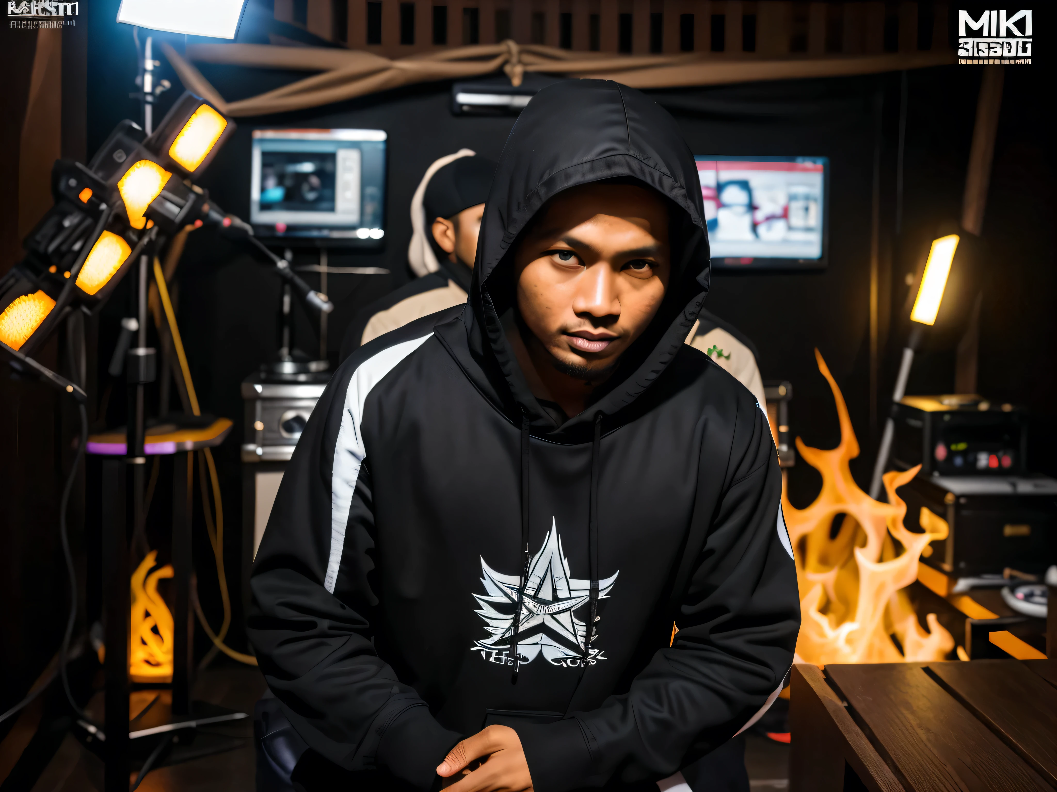 tembakan jarak jauh, full shot seorang pria tampan papua, memakai hoddie hitam dan style ala raper, berdiri dan memegang mic sambil berpose sedang bernyanyi, sangat realistis dan sangat detail.
Latar belakang sebuah panggung dan sound system.
Didepan objek tampak beberapa remaja laki-laki dan perempuan yang bersorak, serta dekorasi sebuah acara resmi.
Photo realistis, sangat realistis, sangat detail, ultraHD60k, fotografi profesional, bidikan tajam, sudut depan.