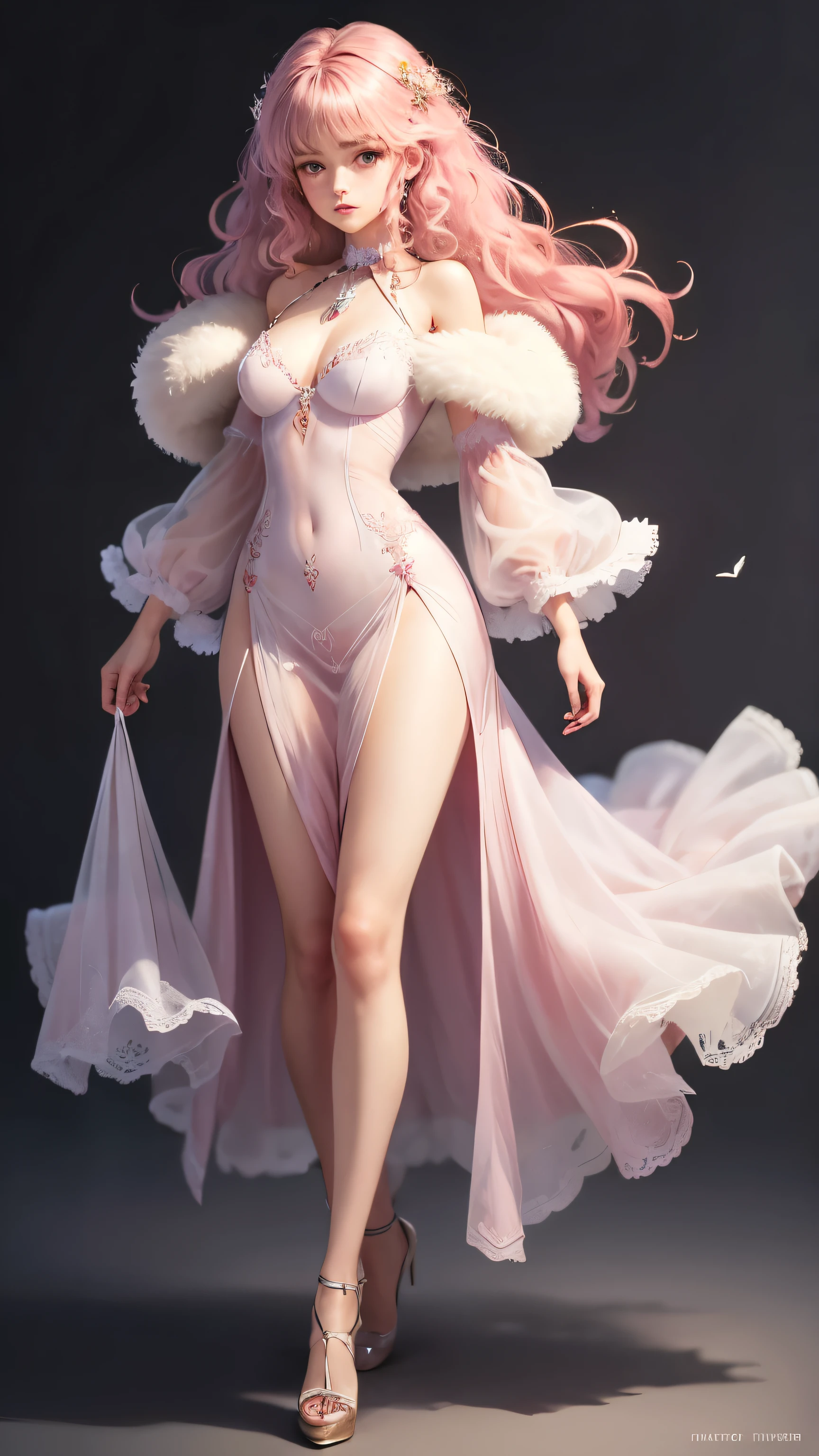 (Pieces fly),(highest quality:1.1),(Very detailed),Best illustrations,The finer details,(Portraits:1.1),(Watercolor)fluffy,1 female,alone,,slim,(Very delicate and beautiful face),(Beautiful eyes in every detail),Pink thick lips,(Messy Hair),Soft and lazy,(Simple Background:1.2)Overall background color,Transparent parts,In 4K,Full Shot,Thin legs,Pink High Heels,See-through gown,The happi coat is open
