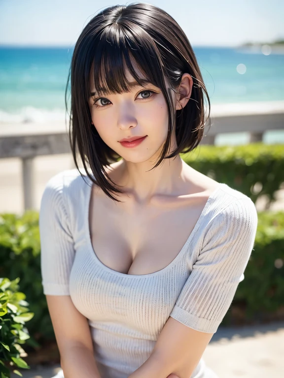 1 girl、best quality、Practical、Solitary、Writing border depth、Natural soft lighting、daytime、attractive、Pretty Face、cleanliness、Pure face、White skin、Lovely、short hair、ban、beach、Sunlight、Mid-chest、Full Body Ezbian、((sweater、黄金比のPretty Face、左右対称のPretty Face))、long neck、Listen carefully、Neat Bob with Short Bangs、smile with mouth closed、Perfect hands指、Perfect hands、Perfect body、Perfect face、Illuminate your eyes、Perfect anatomical structure:1.4、とてもLovelyスーパーモデル:1.4