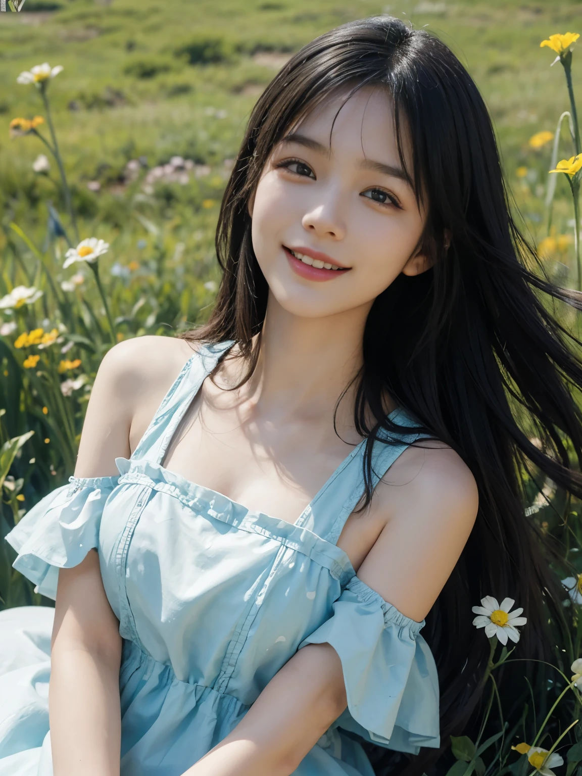 20-year-old women　Black Hair　Long Hair　A small smile　Upper Body　flower