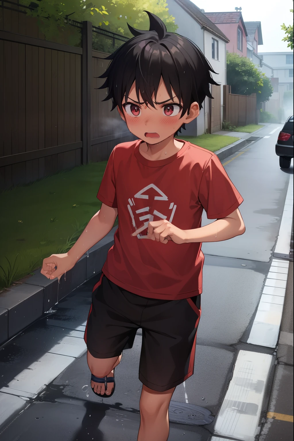 Residential Street,running,,Spiked Hair,Black Hair,blush,Red T-shirt,Black shorts,Brown Sandals,Dark Skin,rain,Wet,shy,Blue sandals,Open your mouth,Sweat,fog,panic,panic,Surprised