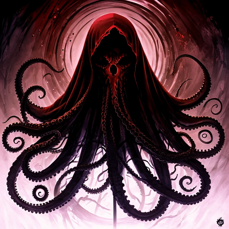 Dark illustration evil octopus with black hood in a sea of blood background, incredible details, draw, fog, creep