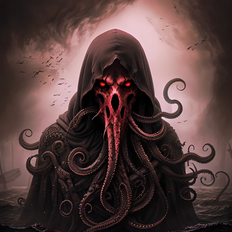 Dark illustration evil octopus with black hood in a sea of blood background, incredible details, draw, fog, creep