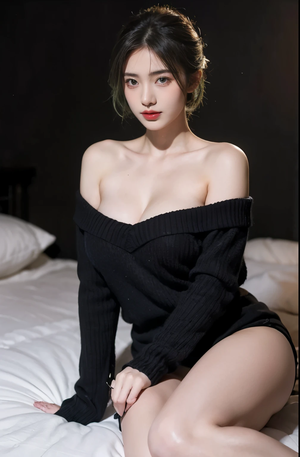 21yo girl, green hair, (updo Hair). Wearing black oversize sweater, show shoulders, cleavage, natural big breast, show big thigh, plump body, sitting on the bed. Dark background.