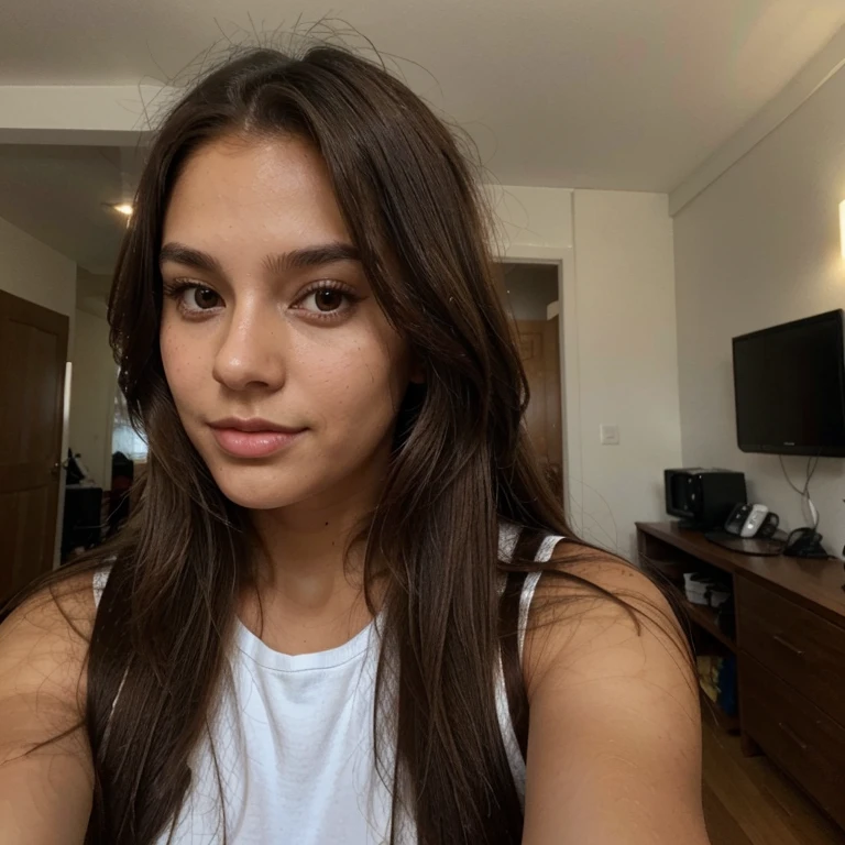 Selfie of a tanned woman with long brown hair egirl