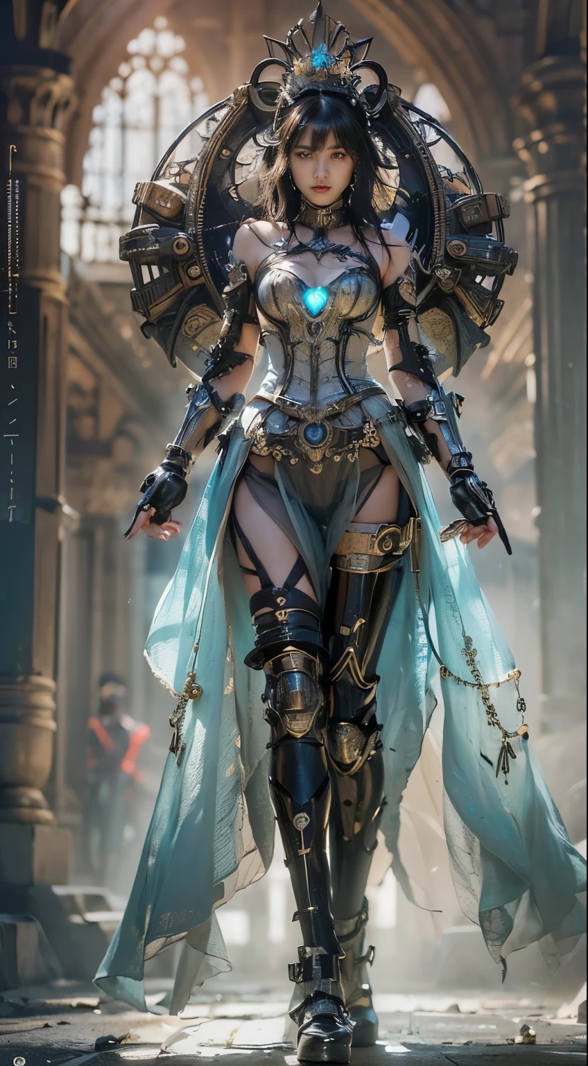 (((masterpiece, highest quality, Very detailed))), (((終わりのないmagic使いの少女, 14 years old, radiating magic))), (((Complex mechanical headgear, A fusion of the intricate mechanical nature of steampunk fashion, the over-the-top gothic fashion and the neon glow of cyberpunk fashion.))), Bust up photo, ((((Very detailedな顔))), (((Very sharp focused eyes))), Very large slitted dark grey eyes that sparkle like jewels. Very long eyelashes, Long vertically curled black hair, Thick bangs, Perfect princess cut, Very gorgeous tiara, (((Perfectly accurate human anatomy))), Long neck, Narrow shoulders, thin and long arms, Small breasts, Very small waist, Very small ass, Long, slender legs, (((Overall accuracy has been dramatically improved, creating Very detailed, Realistic and photo-realistic images)))), (((magic, magic spell light, magic weapon))), Dynamic pose, Cinema Lighting,