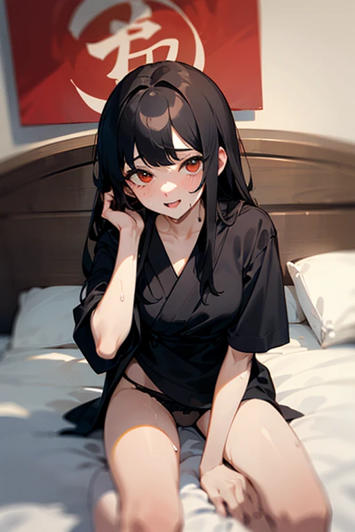 ((mejor calidad)), ((Obra maestra)), (detallado), cara perfecta, Joven de cabello negro largo y lacio, ojos rojos, pale skin, asian factions, 19 years, esbelta, busto mediano, bonitas curvas, estilo anime, elegante, only character in the image, red eyes, waiting for you, cute face, sexy, in love with the viewer, black hair, drunked, orgasm face, horny, white t-shir, wet, black panties, bedroom, wet clothes