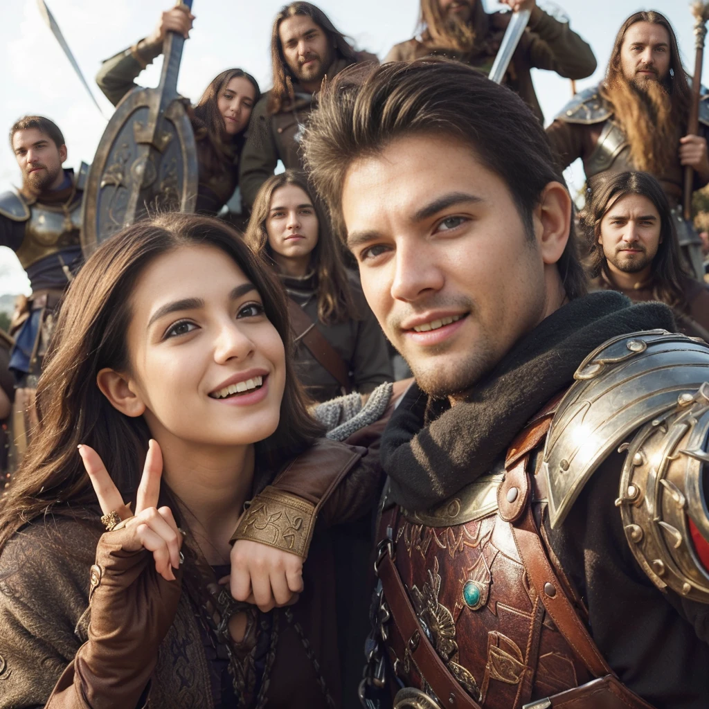 halfbody shot, selfie image of a couple, brunette girl and tall man, european features, fantasy adventurer outfit with a big cape, dagger, sword, shield, dynamic pose, blurred elves, dwarves and barbarians smiled in background, amid colorful lights and bokeh effects, photo realistic, cinematic, movie still, summer vibes, captured in the style of Sony Alpha A7 III camera --ar 2:3 --s 500 --v 6.0, perfect finger perfect eye,