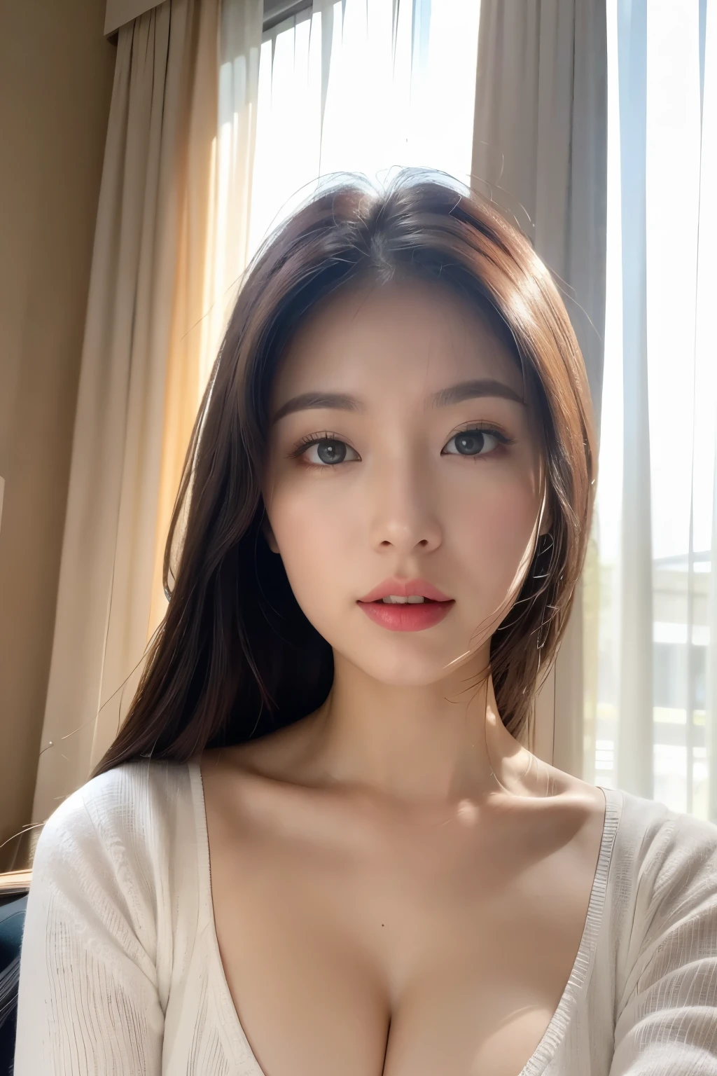 ulzzang-6500-v1.1, (RAW Photos:1.2), (Photorealistic), (Genuine:1.4), (Mastepiece), masterpiece, Absurd, The finer details, High resolution, Highly detailed face and eyes, Photorealistic, Close-up portrait of a woman in a black top and white curtains, Yoshitomo Nara, Japanese Model, Gorgeous Chinese Model, Japanese Goddess, Beautiful Korean Women, Beautiful Asian Girl, Lovely lady, Gorgeous Young Korean Woman, Asian Woman, 美しいAsian Woman, 30-year-old woman, 30-year-old woman, Asian Girl, Eyeshadow, Professional makeup、Classy makeup、Big eyes, cute eyes、