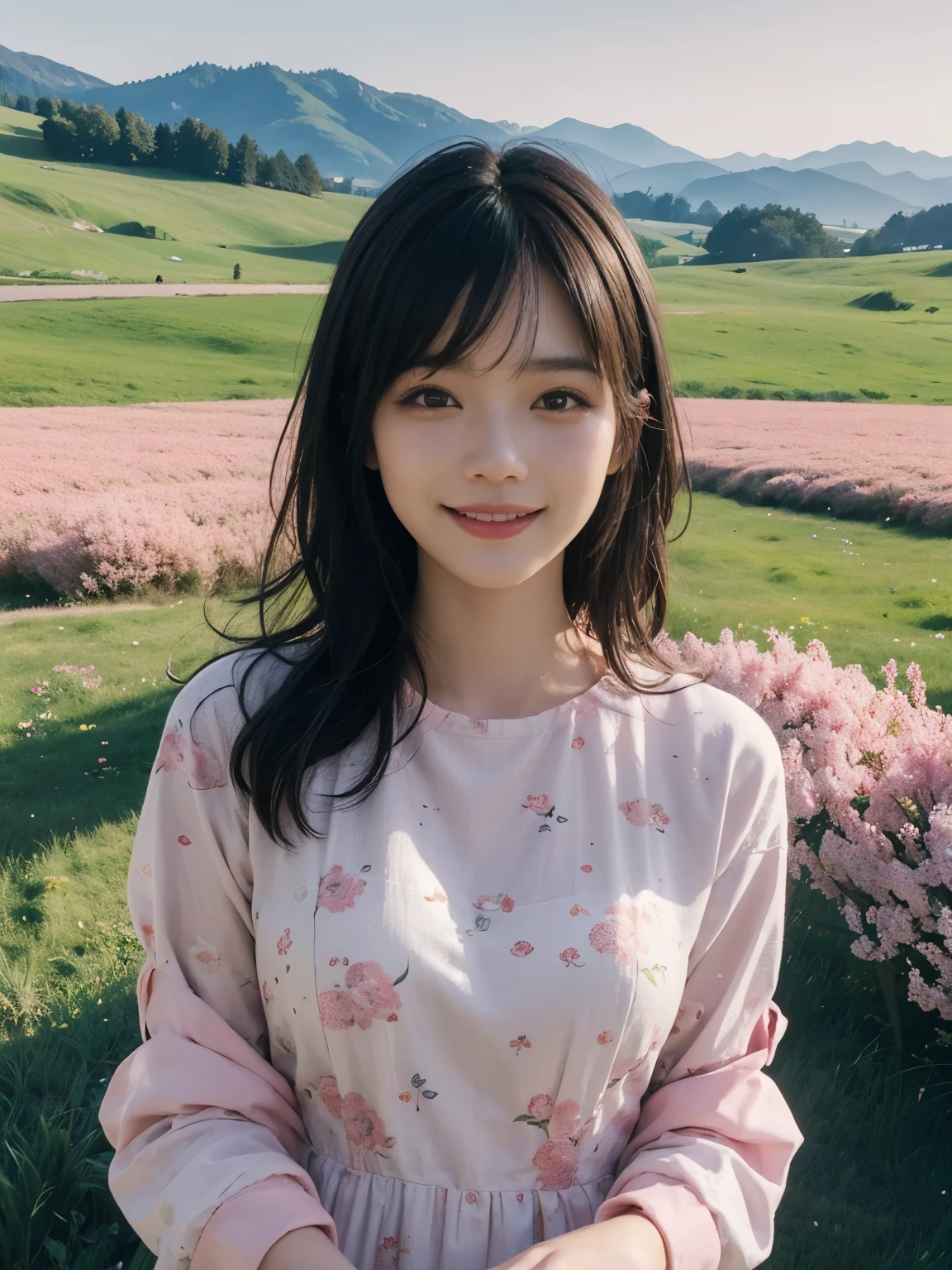 (ultra realistic), (best illustration), (increase resolution), (8K), (masterpiece), (wallpaper), solo, 1 girl, looking at viewers, black straight hair, pureerosfaceace_v1, happy smile, pink color dress, meadow