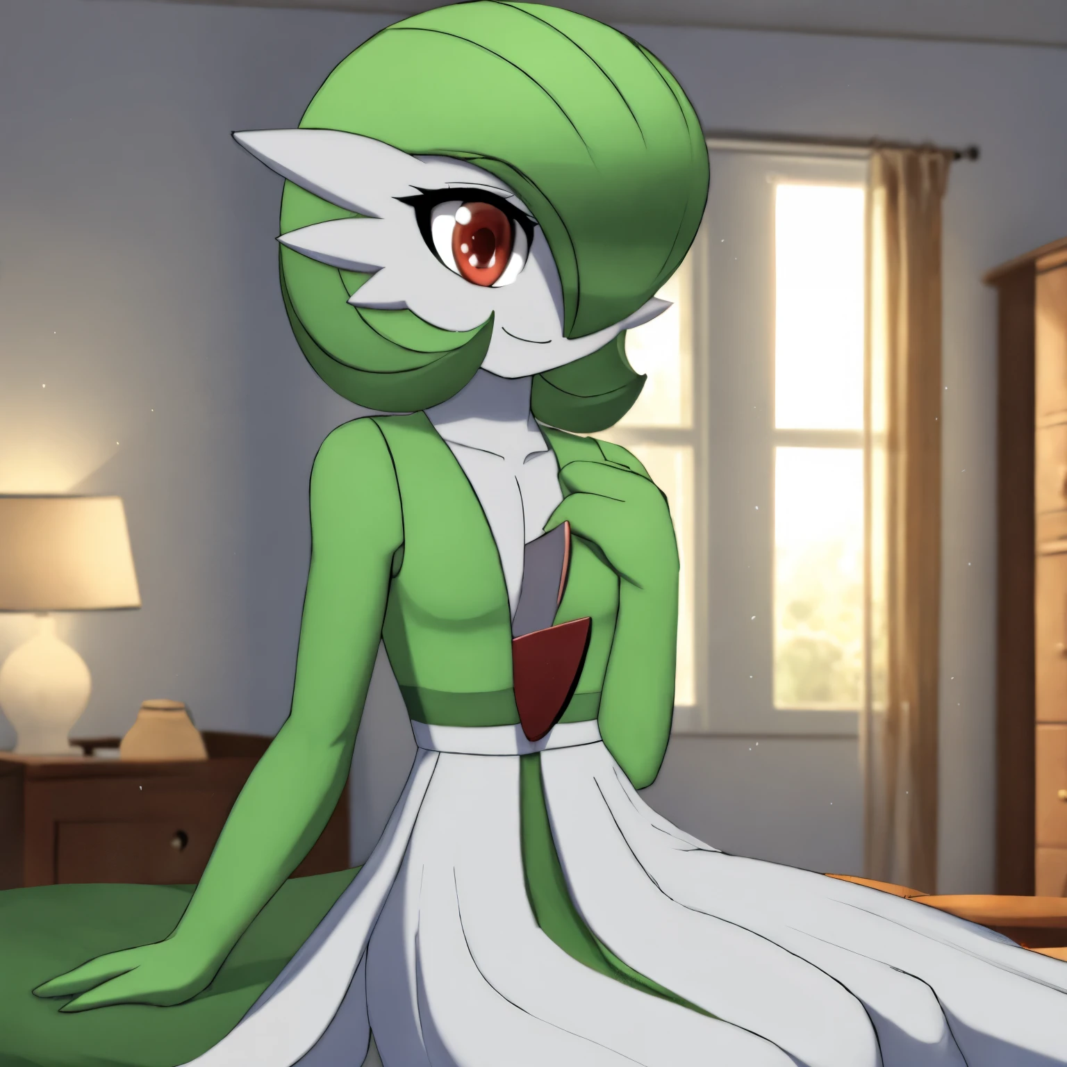 best quality, Gardevoir, pokemon, short height, red eyes, green hair, happy, cheerful, small smile, small mouhth, wink, slim, cute, slender body, skinny legs, looking at viewer, blurry background, indoors, in house, full body, slim, ((masterpiece)), best quality, 4k, cinematic lighting, ray tracing, reflected light, panorama, flat chest, high detailed illustration, high detailed background, hi-res, white gardevoir dress, green top, bare legs, bare feet, sitting, legs together