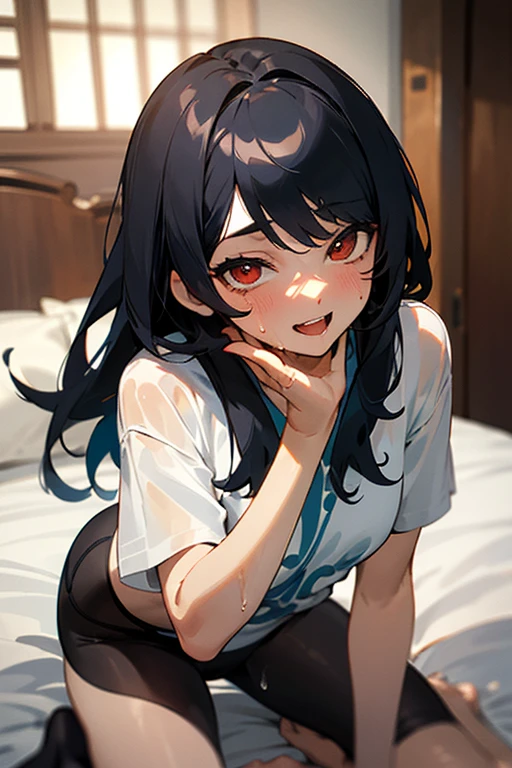 nsfw,1 girl,Solo,(arms up:1.3),(pov),black hair,best quality,very aesthetic,absurdres,straight on,front view,looking at viewerbody,Big areola,(Medium breast),sidelocks,middle,(puffy nipples),pov face,sweat droplets,(Steam)