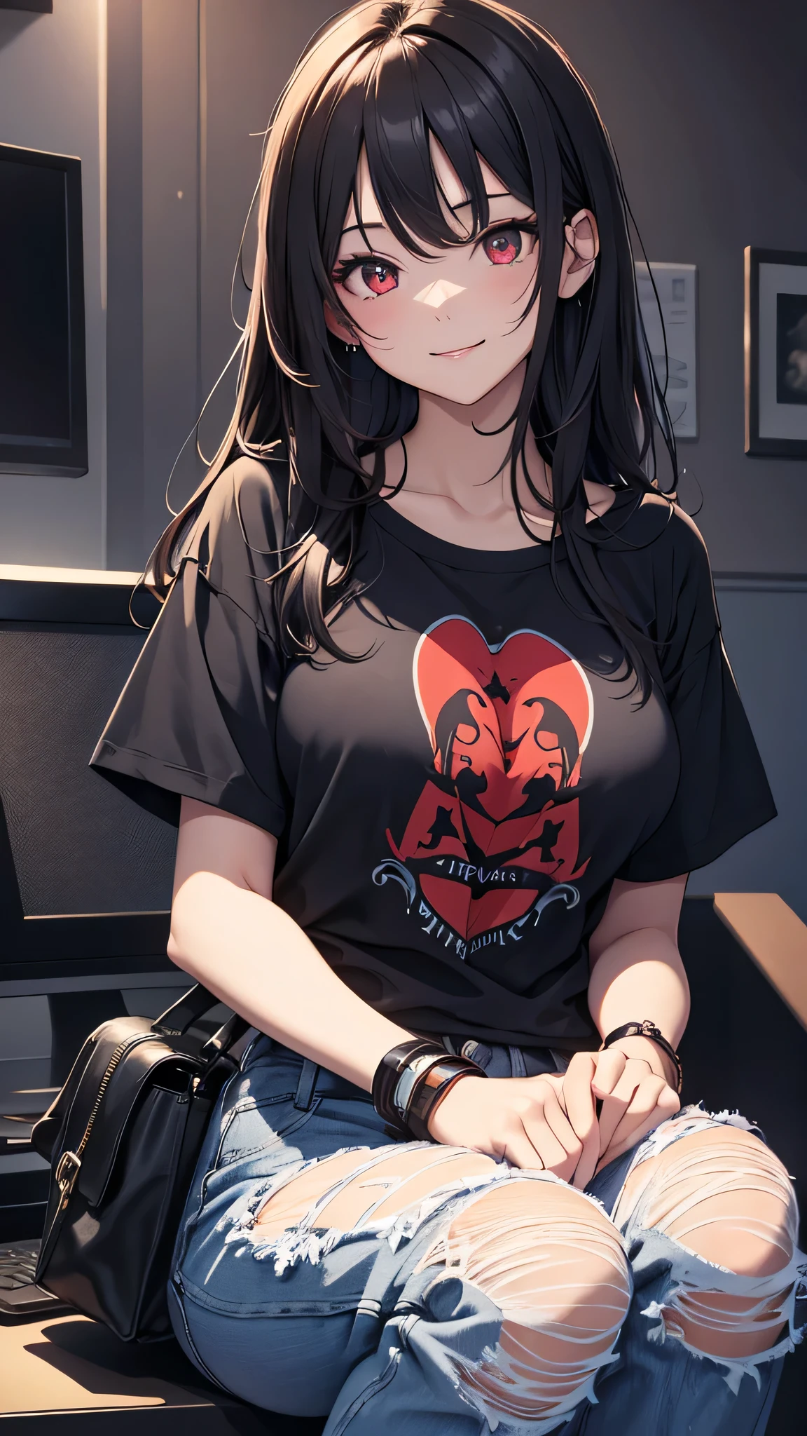 最high quality、Best image quality、masterpiece、girl((18-year-old、 By becoming、Best Bust、Medium Bust,Wide open breast tea、Red glowing eyes,Black Hair、Red Mesh、Disheveled Hair、Lointail、thin,The highest valley、Open chest、Luminous Wristbands、hair ornaments、Show the whole body,Black short sleeve T-shirt、Wear a shoulder bag、Short denim trousers、sit、sitting cross-legged、Leaning forward、smile、Disheveled)),high quality、Beautiful art、background((Black Room、Black Wall、Black furniture、Big black TV、Black PC、red paint))、Flight、Flying debris、Written boundary depth、movie、Visual Arts、Perfect art、8K,Genuine,
