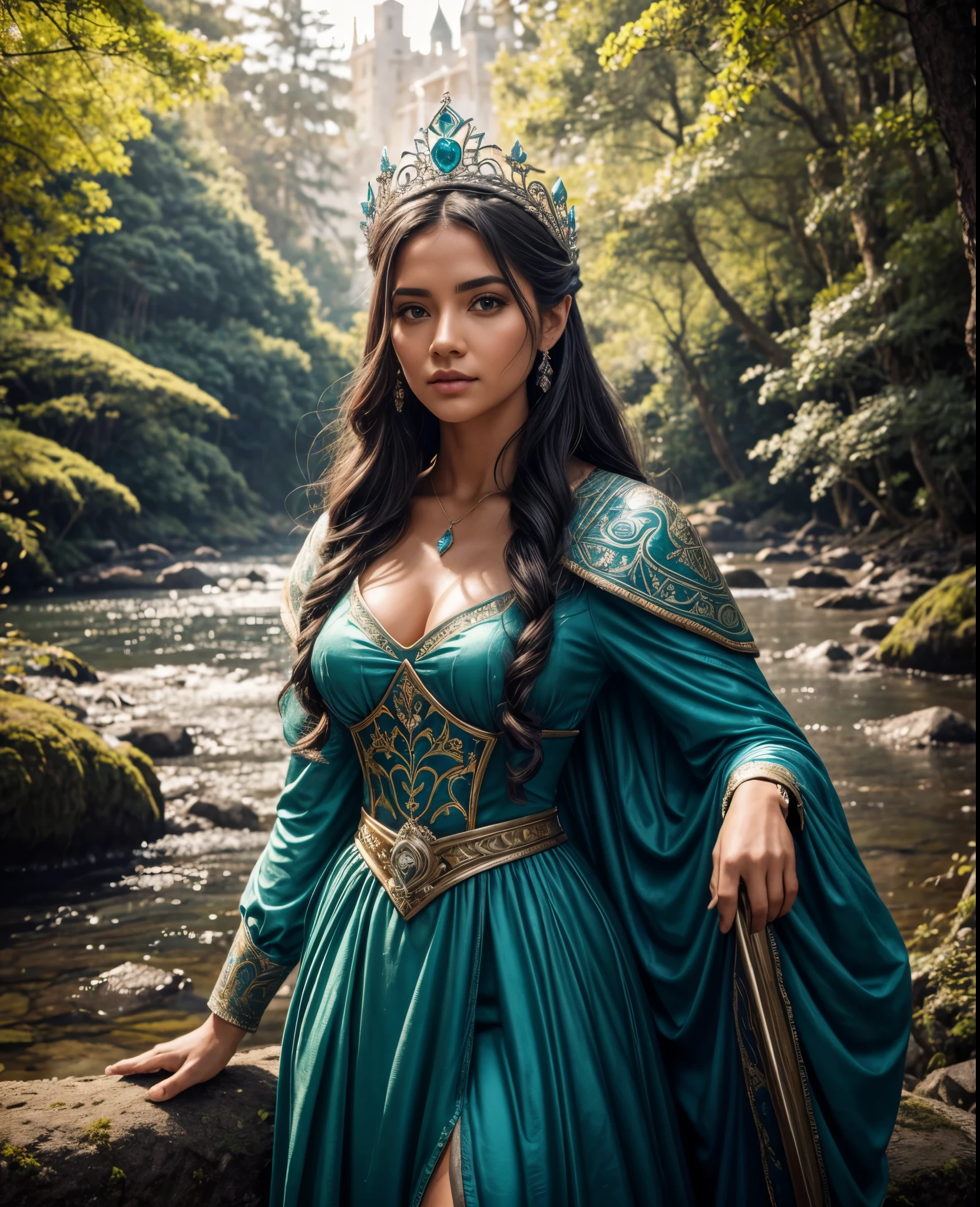 (​masterpiece, best quality:1.5), highest quality, High resolution, super detailed, Realists, Upper body photo of a brunette warrior , detailed and beautiful eyes, beautiful detailed lips, very detailed eyes and face, longeyelashes, Warrior in elegant green short dress made of shiny satin fabric, Elegant details in the fabric. Beautiful and colorful makeup, Gardens as background, soft daylight, bright colors, fine brushstrokes, Portrait style, beautiful color palette, glowing skin, First-class rendering, that captures every detail, enchanting atmosphere, subtle shadows and lights, (perfect anatomy:1.2), (The stunning warrior holds a large ornate sword in her hand.  (magnificent panorama view:1.2)