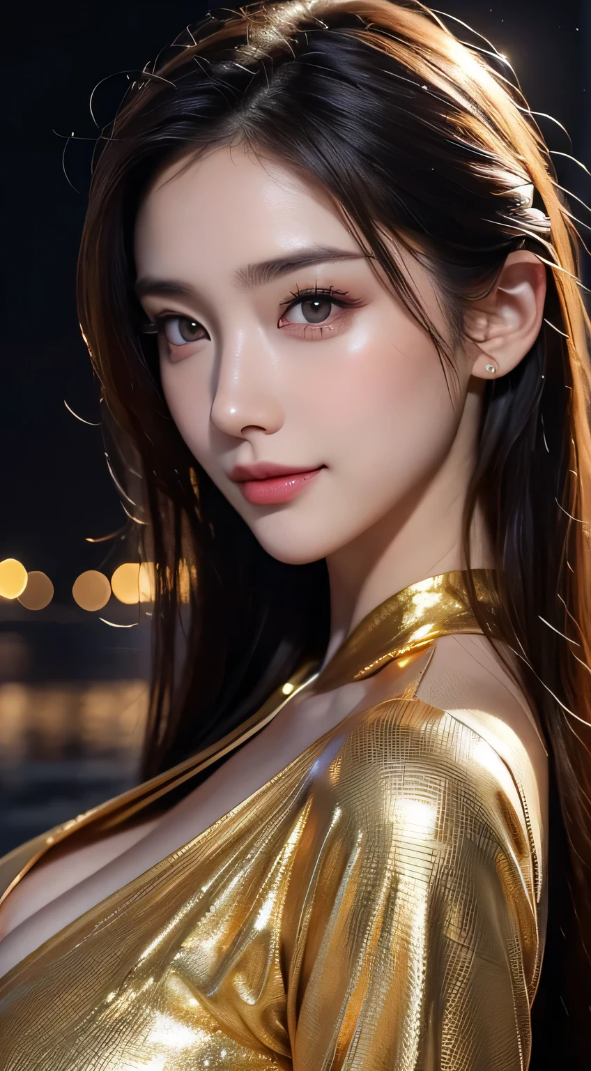 Kimono beauty, body portrait, 8k, thin and beautiful eyes, Dindal effect, masterpiece, top quality, high quality, high resolution, very detailed photo, (natural skin texture, fine skin, hyper realism, super sharpness) , high detail skin, (very fine, fine skin texture, intricate details, beautiful face, (real-like face), realistic eyes, beautifully detailed eyes, realistic skin, beautiful skin, surreal, Highly detailed, golden ratio, smiling eyes, ((night moonlight background)), body portrait, G cup, big breasts, huge breasts, big breasts, glamorous, shiny bodysuit