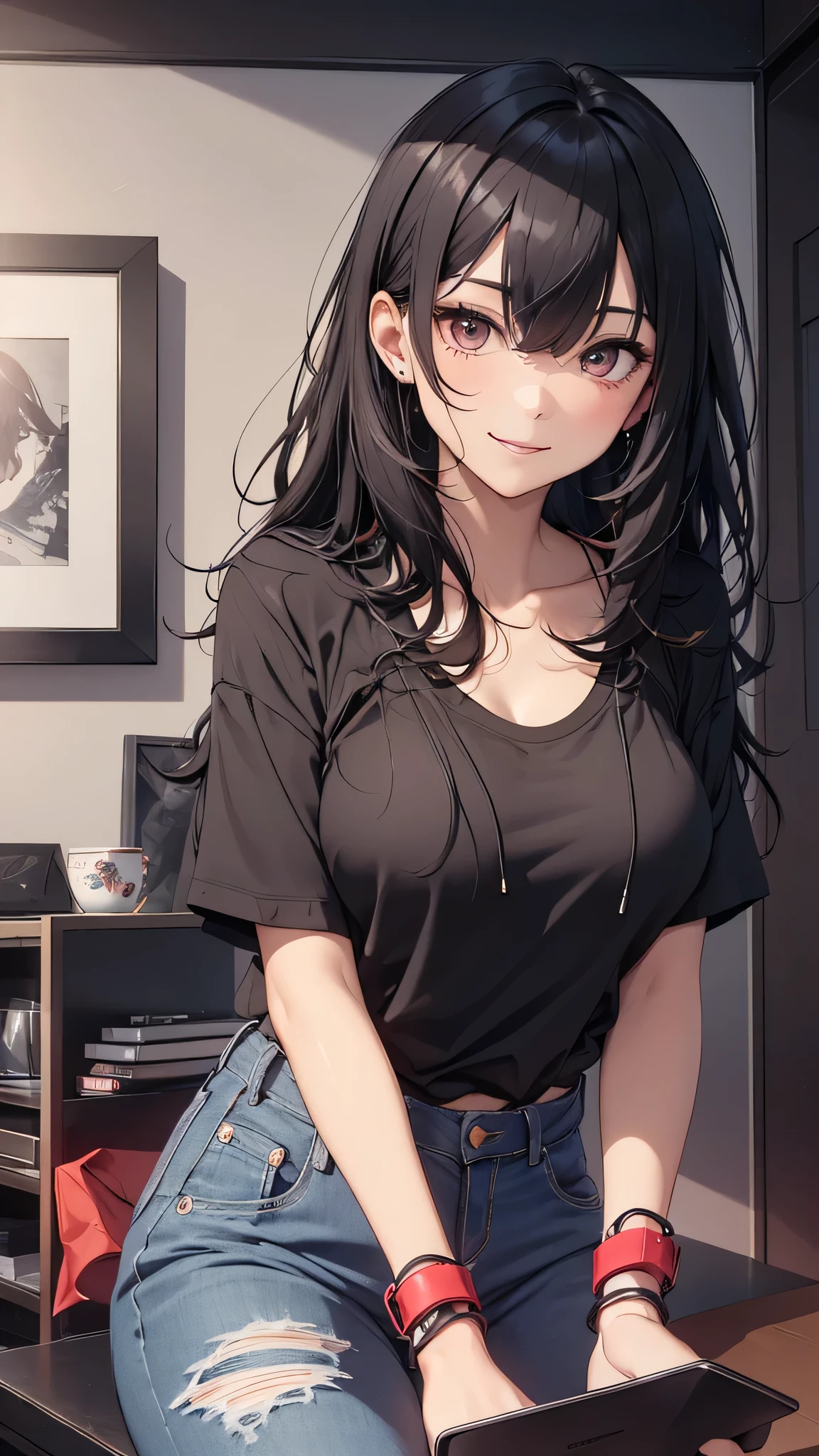 最high quality、Best image quality、masterpiece、girl((18-year-old、 By becoming、Best Bust、Medium Bust,Wide open breast tea、Red glowing eyes,Black Hair、Red Mesh、Disheveled Hair、Lointail、thin,The highest valley、Open chest、Luminous Wristbands、hair ornaments、Show the whole body,Black short sleeve T-shirt、Wear a shoulder bag、Short denim trousers、sit、sitting cross-legged、Leaning forward、smile、Disheveled)),high quality、Beautiful art、background((Black Room、Black Wall、Black furniture、Big black TV、Black PC、red paint))、Flight、Flying debris、Written boundary depth、movie、Visual Arts、Perfect art、8K,Genuine,