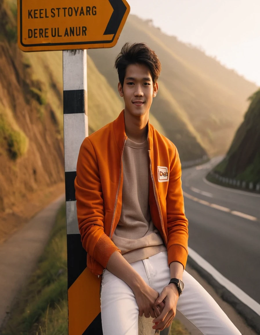 Realistic portrait from far angle full body view, a handsome 25 year old Indonesian teenager, slightly thin face, short clean neat hair, wearing an orange zipper jacket with the 'DOEL' logo on the top left, white jeans, orange sneakers. He was standing leaning under the direction sign on the edge of the road divider, the afternoon atmosphere was on a green, hilly road with soft afternoon sunlight shining on the hills while looking at the camera and smiling slightly in HD 16k realistic photography, raw style