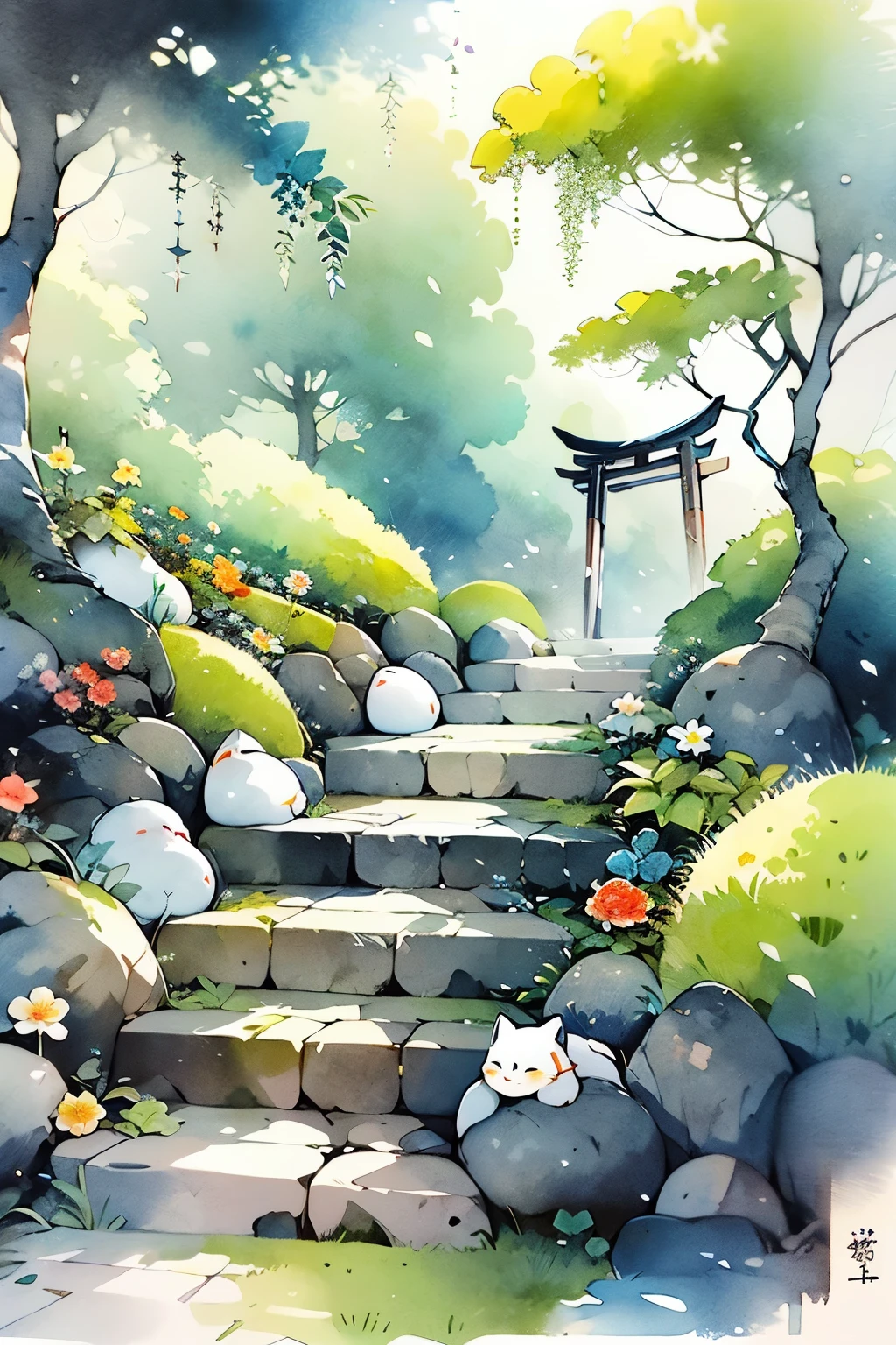 torii,no humans,cat,outdoors,stairs,plant,grass,flower,tree,watercolor \(medium\),