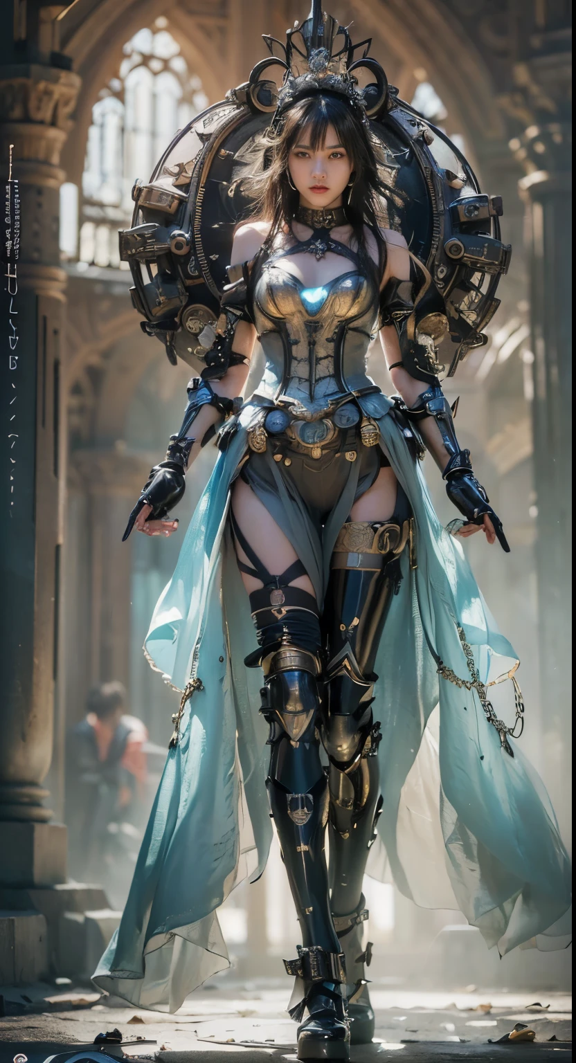 (((masterpiece, highest quality, Very detailed))), (((終わりのないmagic使いの少女, , radiating magic))), (((Complex mechanical headgear, A fusion of the intricate mechanical nature of steampunk fashion, the over-the-top gothic fashion and the neon glow of cyberpunk fashion.))), Bust up photo, ((((Very detailedな顔))), (((Very sharp focused eyes))), Very large slitted dark grey eyes that sparkle like jewels. Very long eyelashes, Long vertically curled black hair, Thick bangs, Perfect princess cut, Very gorgeous tiara, (((Perfectly accurate human anatomy))), Long neck, Narrow shoulders, thin and long arms, Small breasts, Very small waist, Very small ass, Long, slender legs, (((Overall accuracy has been dramatically improved, creating Very detailed, Realistic and photo-realistic images)))), (((magic, magic spell light, magic weapon))), Dynamic pose, Cinema Lighting,