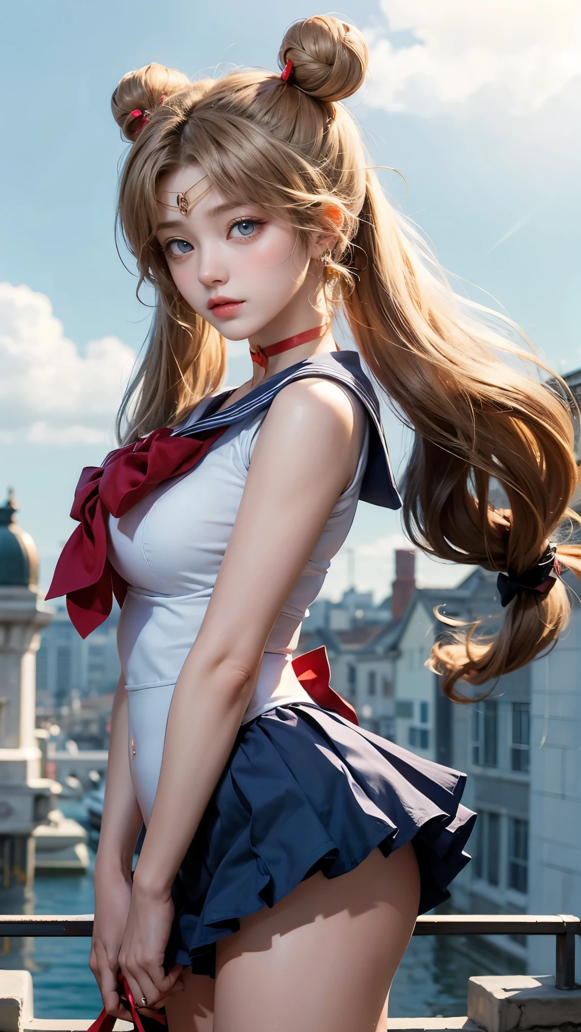 (masterpiece), (best quality), (ultra detailed),(illustration), (1girl),looking at viewer, (interview),beautiful detailed eyes, delicate beautiful face, Floating,(high saturation),(shining), large breast, standing, blue-sky, sailor moon,1girl, long hair,jewelry, sailor senshi uniform, blue sailor collar,blonde hair, red choker, twintails, red bow, leotard, blue eyes, hair bun,thigh_highs