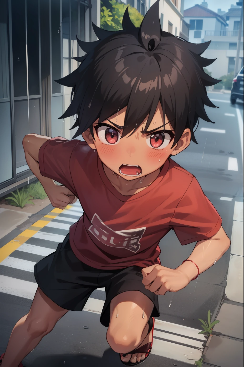 Residential Street,running,Little Boy,Spiked Hair,Black Hair,blush,Red T-shirt,Black shorts,Brown Sandals,Dark Skin,rain,Wet,shy,Blue sandals,Open your mouth,Sweat,fog,panic,panic,Surprised