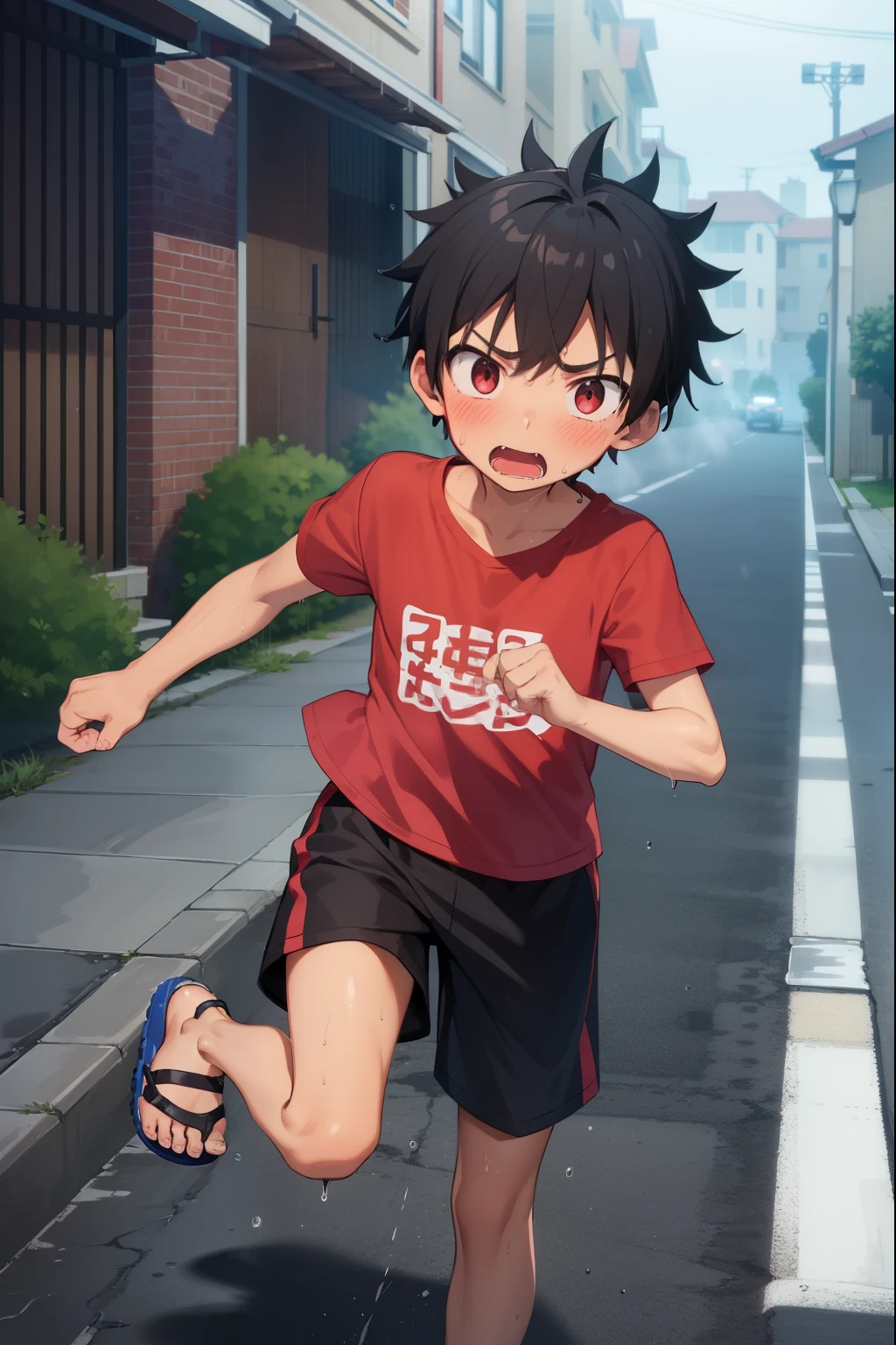 Residential Street,running,Little Boy,Spiked Hair,Black Hair,blush,Red T-shirt,Black shorts,Brown Sandals,Dark Skin,rain,Wet,shy,Blue sandals,Open your mouth,Sweat,fog,panic,panic,Surprised