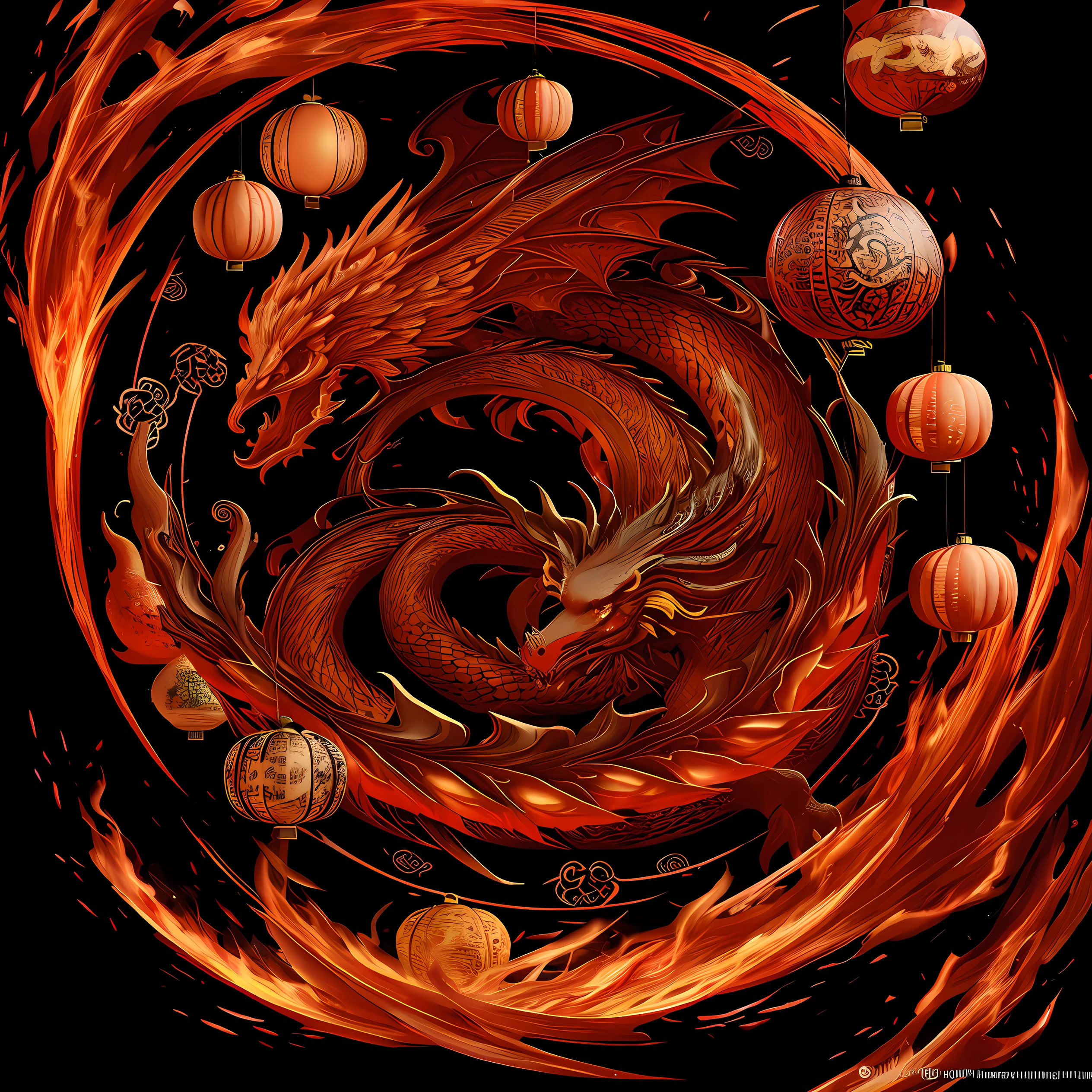 4K,hyper HD,Red and black theme,Yellow Dragon Circle,The phoenix flies,The picture is surrounded by gourds and Chinese knots