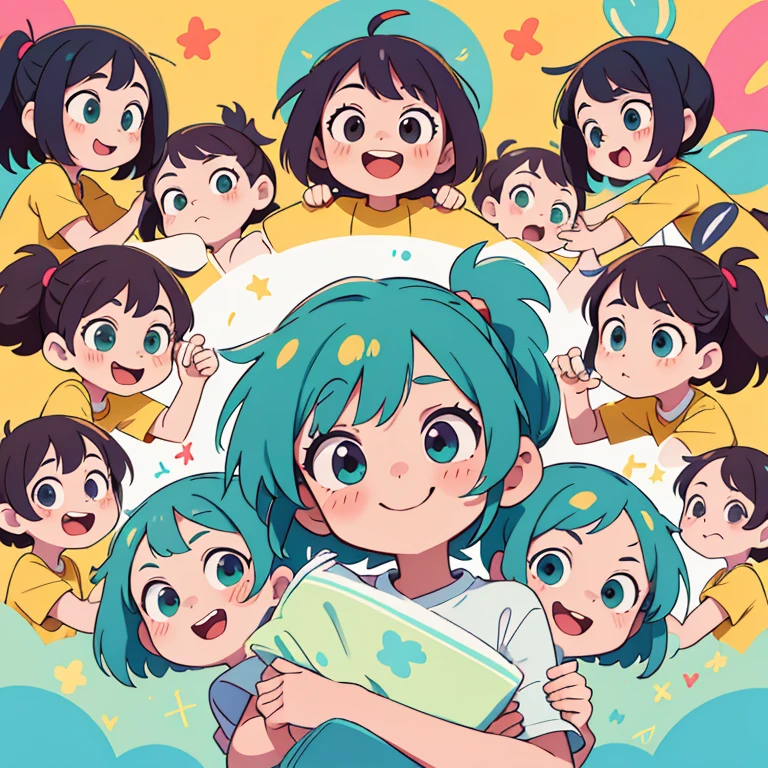 cute ???, hands in arms, play, Lots of kids, 15 children, kindergarten, multicolored hair, braided ponytail, multicolored eyes, aqua eyes, smile, smirk, naughty, happy, negative space, lineup, column lineup, projected inset, UHD, high details, best quality, highres, 4K