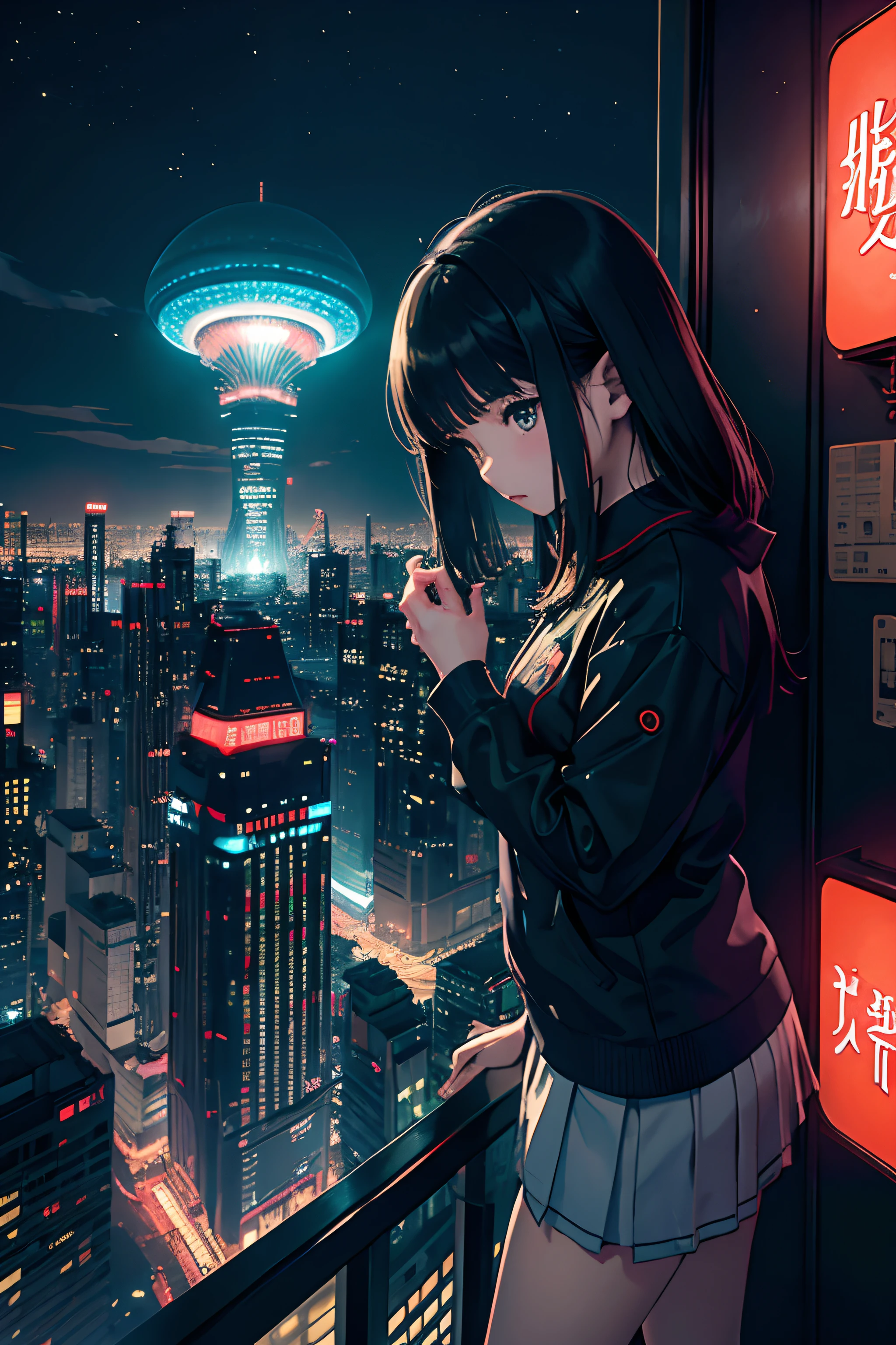 Yoshitaka Amano, Katsuhiro Otomo, Keiko Takemiya, Surreal, Mysterious, strange, Fantasy, Fantasy, Science fiction, Japanese anime, Night view of Shinjuku, skyscraper, Neon Signs, Giant jellyfish floating in the sky, Beautiful high school girl in a mini skirt looking up at jellyfish from the ground, Perfect voluminous body, Bird's Eye View, Detailed masterpiece depth of field cinematic lighting
