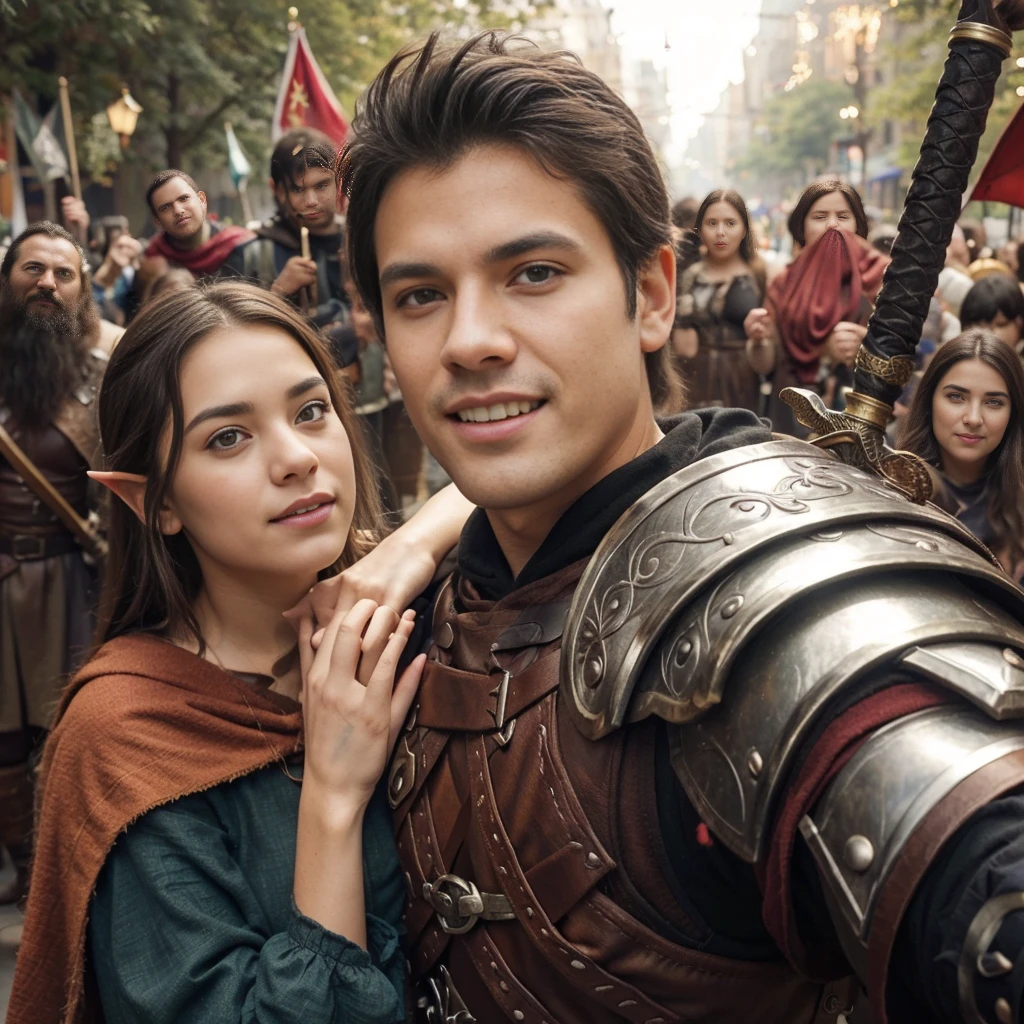halfbody shot, selfie image of a couple, brunette girl and tall man, european features, fantasy adventurer outfit with a big cape, dagger, sword, shield, dynamic pose, blurred elves, dwarves and barbarians smiled in background, amid colorful lights and bokeh effects, photo realistic, cinematic, movie still, summer vibes, captured in the style of Sony Alpha A7 III camera --ar 2:3 --s 500 --v 6.0, perfect finger perfect eye,