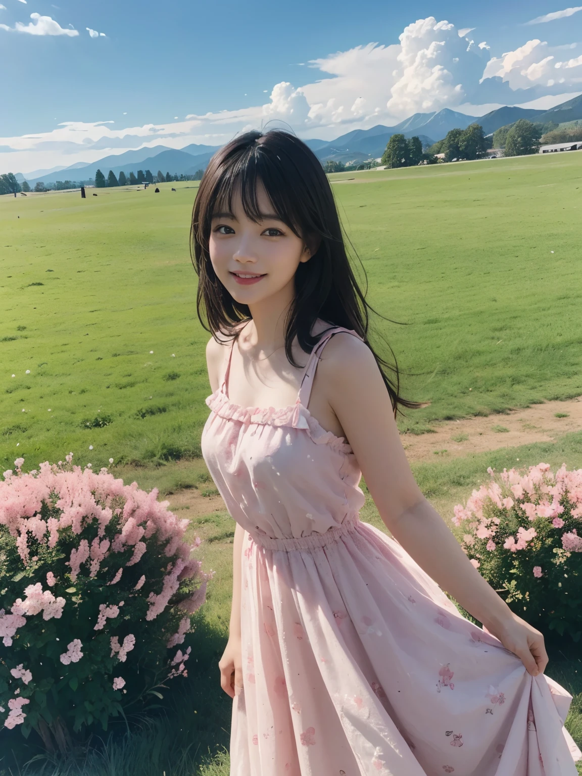 (ultra realistic), (best illustration), (increase resolution), (8K), (masterpiece), (wallpaper), solo, 1 girl, looking at viewers, black straight hair, pureerosfaceace_v1, happy smile, pink color dress, meadow