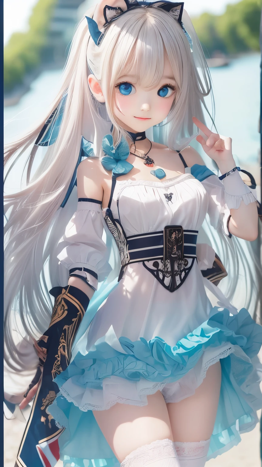 ((highest quality)), ((masterpiece)), ((1 girl)), alone, ferry, ((long hair)), ferryBase, ((Thighhighs)), bare shoulders, ((jewelry)), ((No sleeve)), white dress, blue skirt, ((gloves)), thigh height,