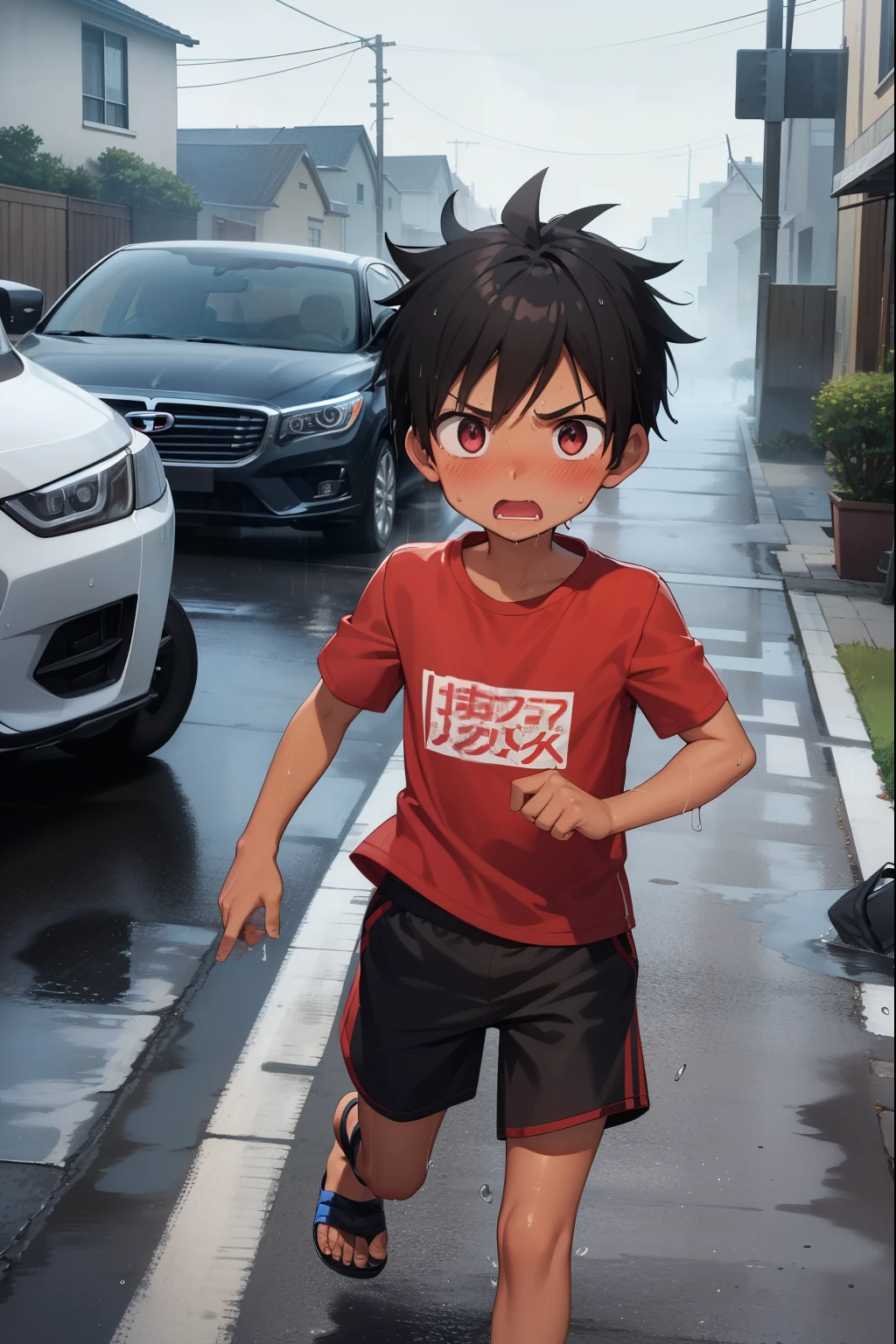 Residential Street,running,,Spiked Hair,Black Hair,blush,Red T-shirt,Black shorts,Brown Sandals,Dark Skin,rain,Wet,shy,Blue sandals,Open your mouth,Sweat,fog,panic,panic,Surprised