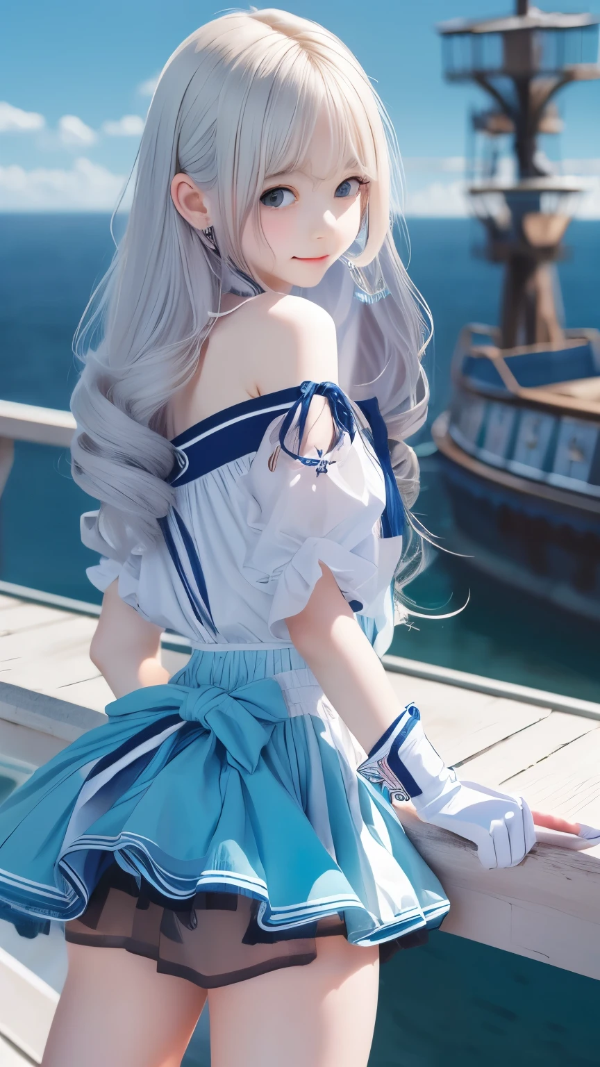 ((highest quality)), ((masterpiece)), ((1 girl)), alone, ferry, ((long hair)), ferryBase, ((Thighhighs)), bare shoulders, ((jewelry)), ((No sleeve)), white dress, blue skirt, ((gloves)), thigh height, from behind.