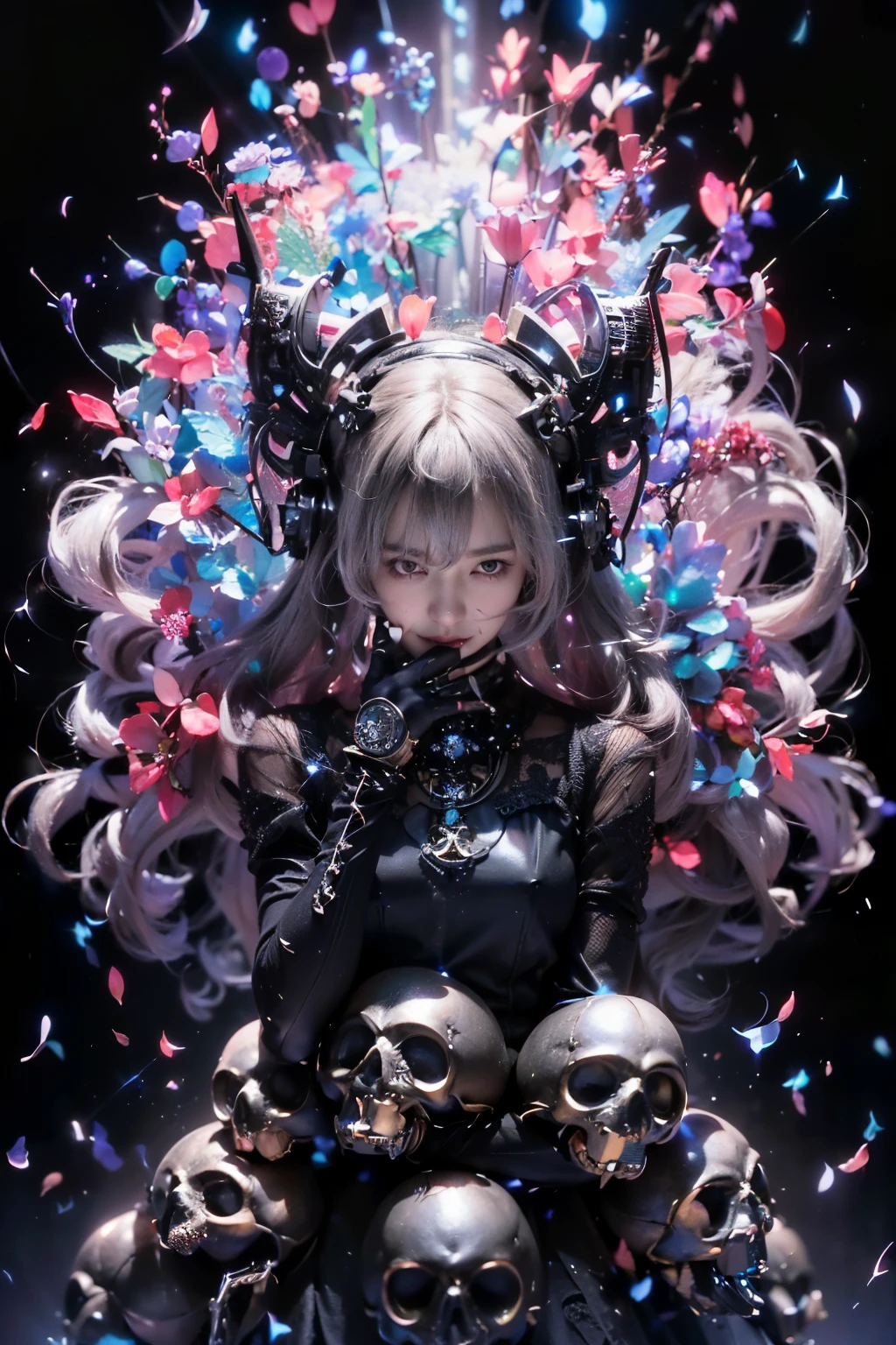 (((masterpiece, highest quality, Very detailed))), (((終わりのないmagic使いの少女, 14 years old, radiating magic))), (((Complex mechanical headgear, A fusion of the intricate mechanical nature of steampunk fashion, the over-the-top gothic fashion and the neon glow of cyberpunk fashion.))), Bust up photo, ((((Very detailedな顔))), (((Very sharp focused eyes))), Very large slitted dark grey eyes that sparkle like jewels. Very long eyelashes, Long vertically curled black hair, Thick bangs, Perfect princess cut, Very gorgeous tiara, (((Perfectly accurate human anatomy))), Long neck, Narrow shoulders, thin and long arms, Small breasts, Very small waist, Very small ass, Long, slender legs, (((Overall accuracy has been dramatically improved, creating Very detailed, Realistic and photo-realistic images)))), (((magic, magic spell light, magic weapon))), Dynamic pose, Cinema Lighting,