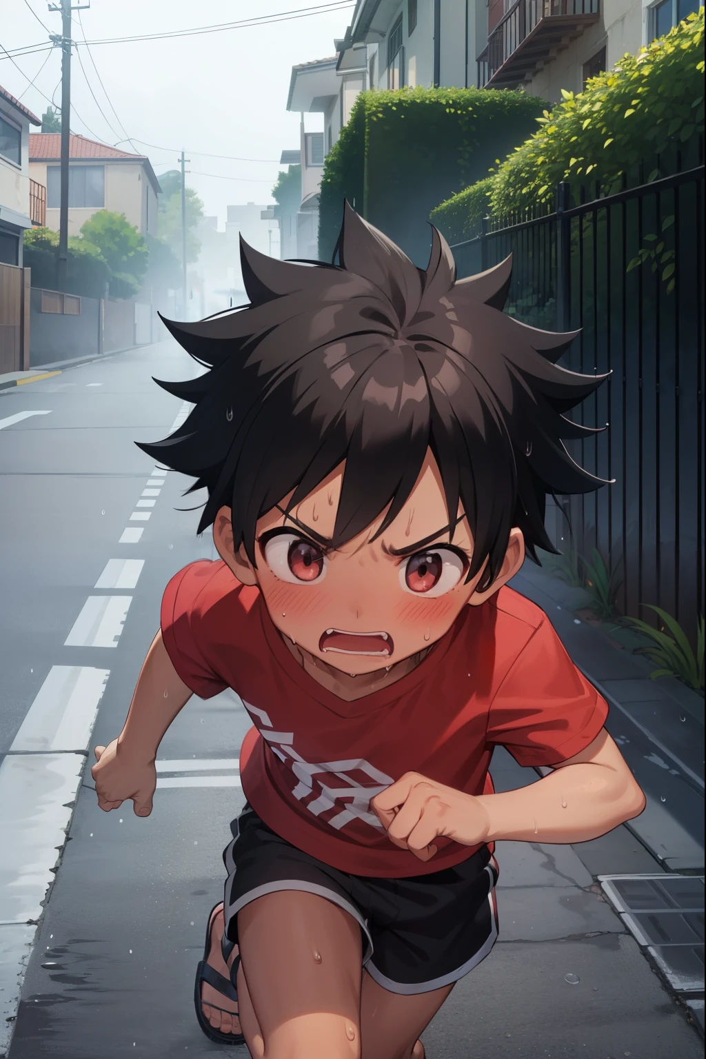 Residential Street,running,,Spiked Hair,Black Hair,blush,Red T-shirt,Black shorts,Brown Sandals,Dark Skin,rain,Wet,shy,Blue sandals,Open your mouth,Sweat,fog,panic,panic,Surprised