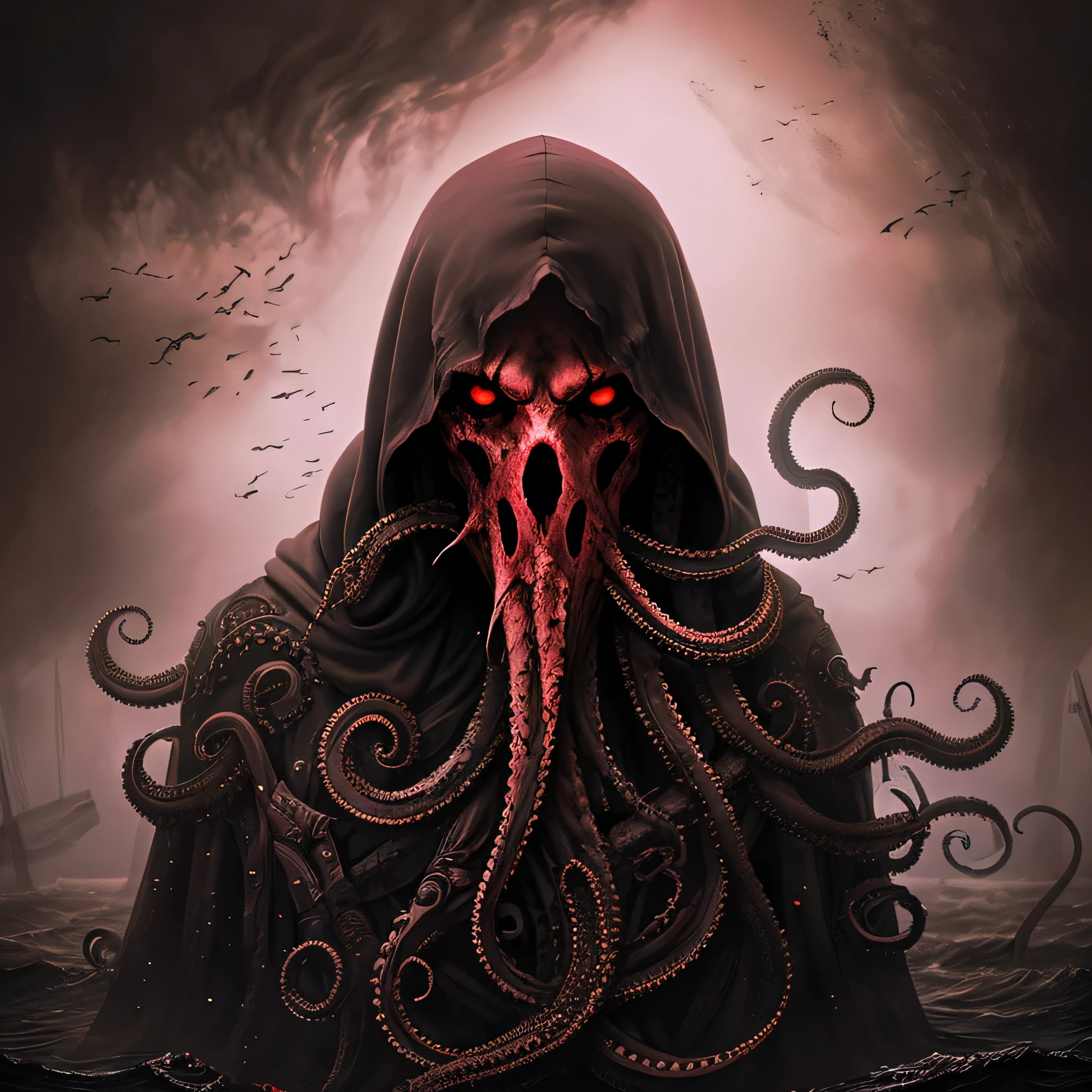 Dark illustration evil octopus with black hood in a sea of blood background, incredible details, draw, fog, creep