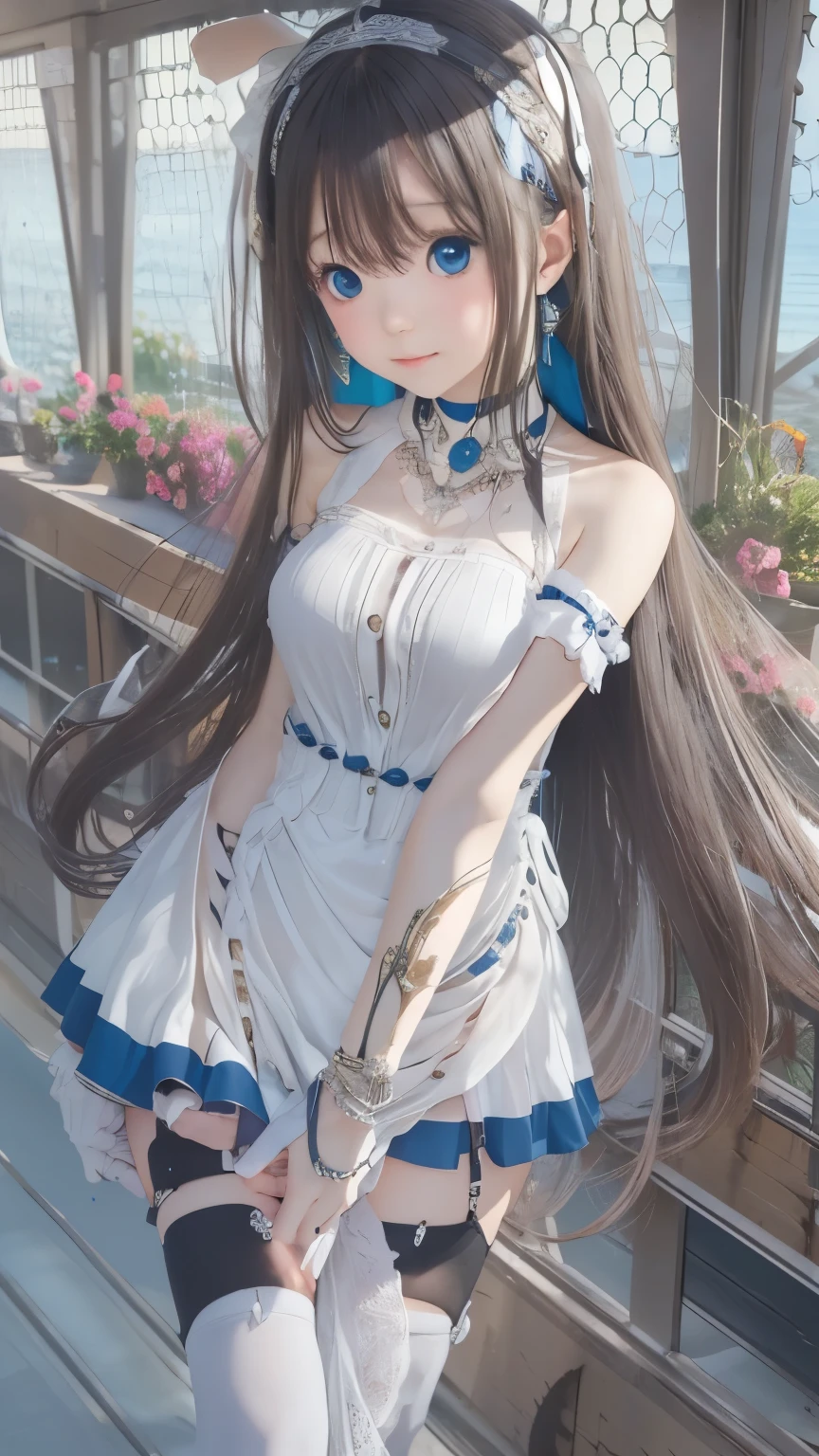 ((highest quality)), ((masterpiece)), ((1 girl)), alone, ferry, ((long hair)), ferryBase, ((Thighhighs)), bare shoulders, ((jewelry)), ((No sleeve)), white dress, blue skirt, ((gloves)), thigh height,