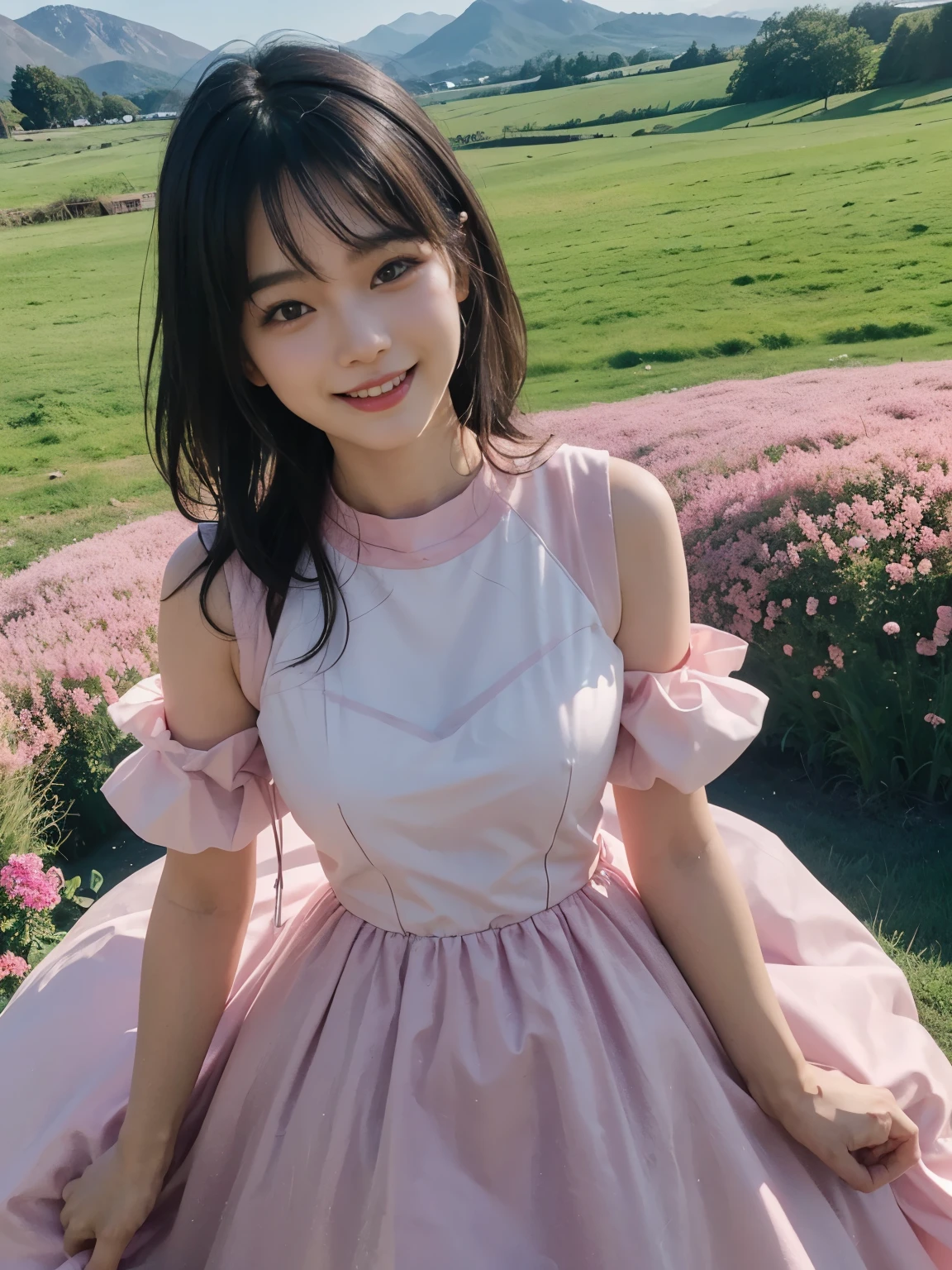 (ultra realistic), (best illustration), (increase resolution), (8K), (masterpiece), (wallpaper), solo, 1 girl, looking at viewers, black straight hair, pureerosfaceace_v1, happy smile, pink color dress, meadow