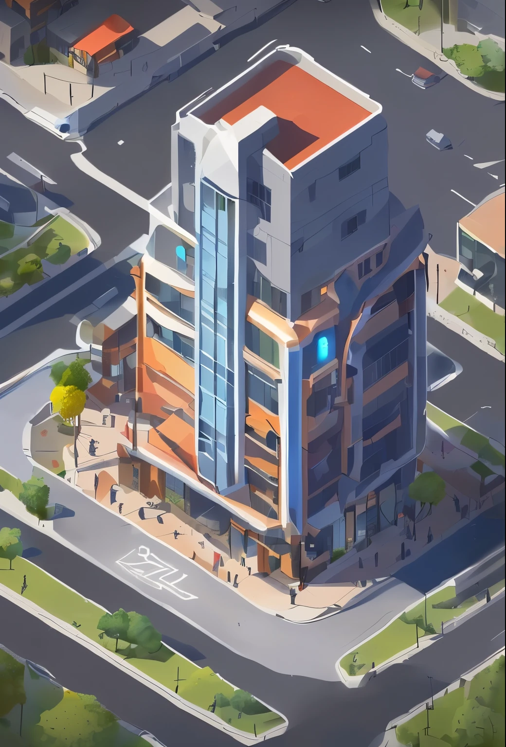 arafed view of a city with a street and a bus, overwatch building, artstation hq”, high detailed store, sci-fi building. isometric view, pixar zootopia. 3 d rendering, sins inc skyscraper front, isometric game art, urban concept art, 3 d render stylized, stylized concept art, stylized 3d render, (Skyscraper, isometric), 