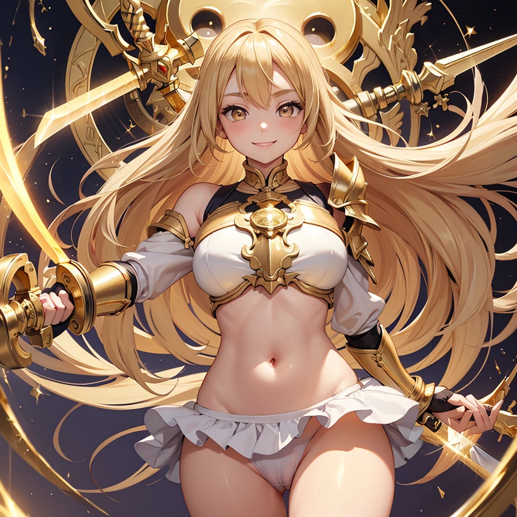 ​masterpiece、top-quality、(Blonde colored long hair、I have bangs:1.1)、(25 year old woman)、 (gold eyes:1.5)、(Big round eyes:1.5)、(Emphasis on the chest:0.5)、(modest smile expression:1.3)、(Staring:1.5)、(Close-up of the subject's face:0.5)、
golden knight armor、breastplate、
five perfect and beautiful fingers、Bust Shot、
Alone、Open your mouth、Fearless smile、(middle Breasts:1.0)、(Glowing Skin:1.2)、(dynamic pose hand holding a sword gripping one Rapier in hand:1.3)、Uplifting、Have a rapier grip、midriff peek、Off the shoulder、(Camel toe)、