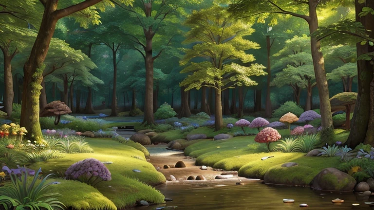 Picture a charming forest scene with tall, slender trees stretching towards the sky. The trees have friendly faces and leafy canopies adorned with colorful flowers in shades of red, blue, yellow, and purple. Babbling brooks meander through the forest, their clear waters flowing over smooth stones and around moss-covered banks. Sunlight filters through the foliage, casting dappled shadows on the forest floor below. Delicate butterflies flutter among the flowers, while playful woodland creatures like squirrels and rabbits frolic amidst the trees. This cozy forest is a haven of tranquility and magic, inviting viewers to immerse themselves in its whimsical beauty.