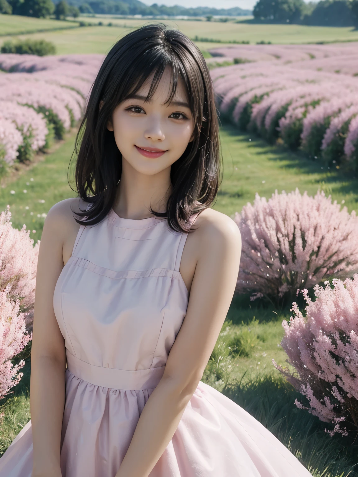 (ultra realistic), (best illustration), (increase resolution), (8K), (masterpiece), (wallpaper), solo, 1 girl, looking at viewers, black straight hair, pureerosfaceace_v1, happy smile, pink color dress, meadow