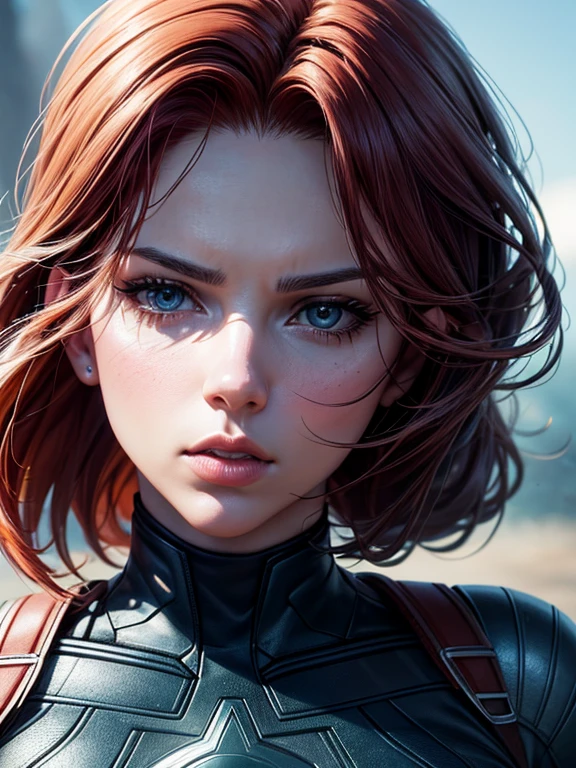 4k, best quality, (raw photo, best quality), (realistic, photorealistic photo: 1.3), best quality, Highly detailed, artwork, ultra detailed, illustration, Marvel cinematic universe, Marvel, Captain America + Widow's unique combination Black, Scarlett Johansson, Beautiful Natasha Romanova in blue and white Captain America costume without Captain America helmet, torso, high details on dress, best quality, extremely detailed 8k unified CG wallpaper, ink, Amazing, badass look, portrait, close up (skin texture), Intrinsically detailed, fine details, hyper-detailed.