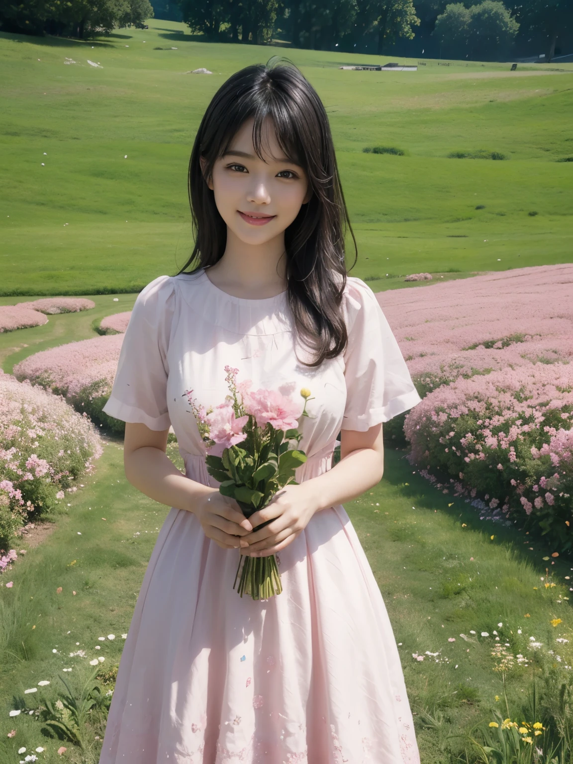 (ultra realistic), (best illustration), (increase resolution), (8K), (masterpiece), (wallpaper), solo, 1 girl, looking at viewers, black straight hair, pureerosfaceace_v1, happy smile, pink color dress, meadow