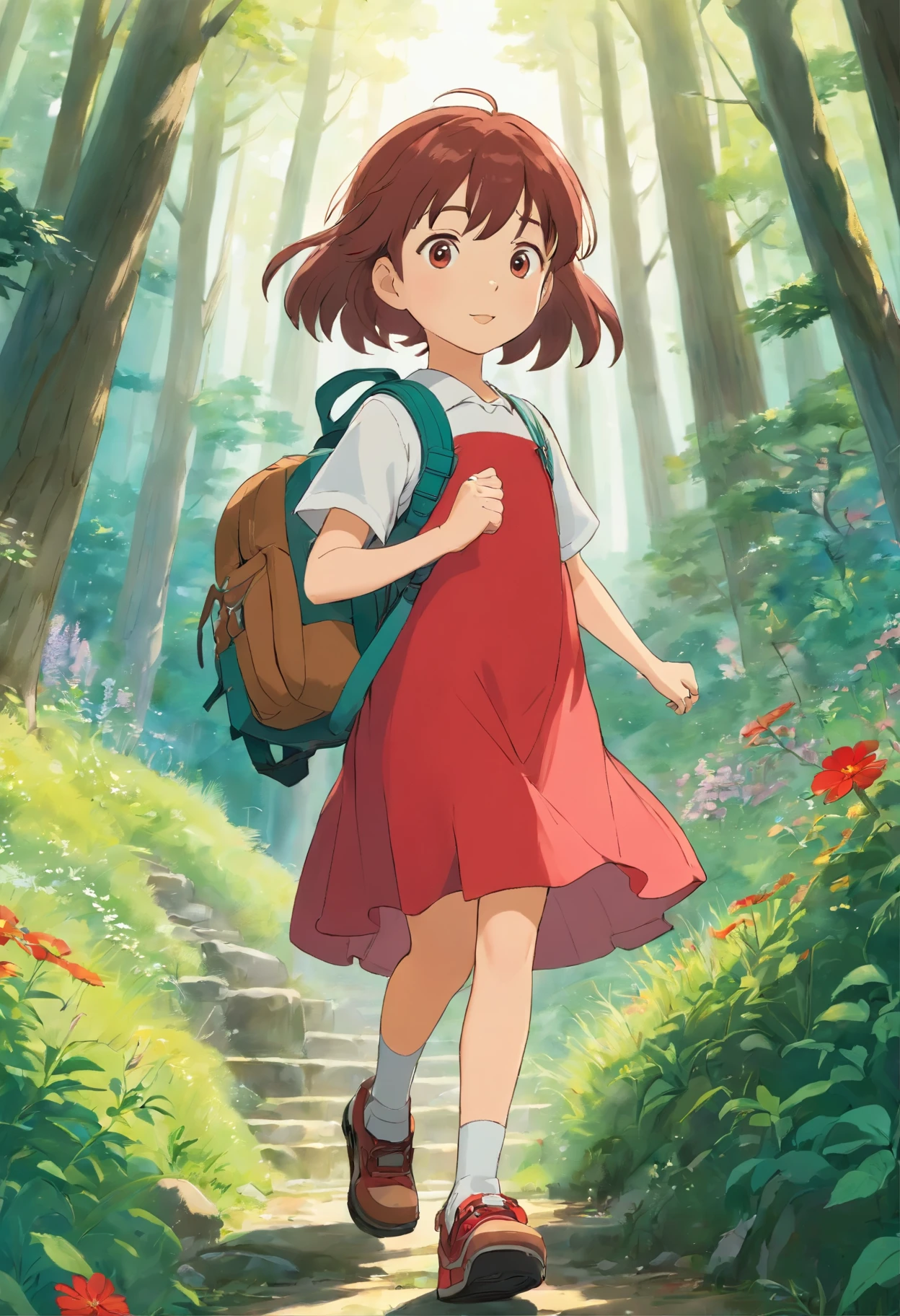 6-year-old girl carrying a hiking bag,Wearing a white top,Short red dress,  forestの小道でハスキー犬を連れて歩く, Facing the lens,, Wildflowers, Fir Mountain, forest