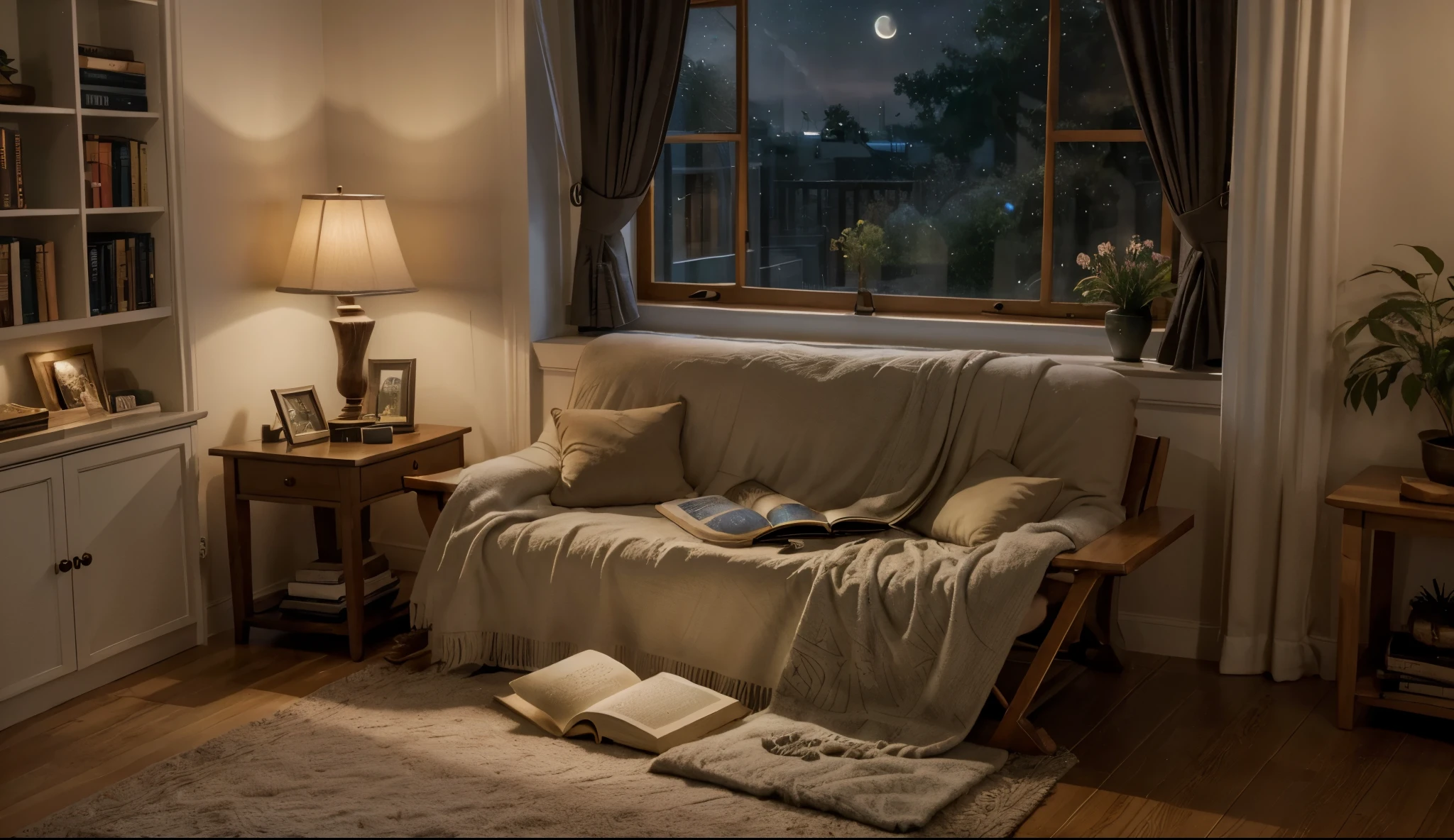 (best quality,highres),detailed drawing,pattern details,comic book style,beautiful girl reading a book,soft lighting,open bedroom window,full moon,nighttime ambiance,cozy atmosphere,colored pencil rendering,curtain blowing in the wind,vibrant colors,peaceful and quiet environment,calm expression,surrounded by plants and flowers,focused and attentive,immersed in the story,comfortable chair,quiet and serene,bookshelf filled with books,relaxing and enjoyable moment,pencil strokes,window frame casting shadows,tranquil mood,gentle breeze,nice view,starry sky outside,relaxation and escape,magical atmosphere,cozy blanket,peaceful dreams,deeply engaged in reading.