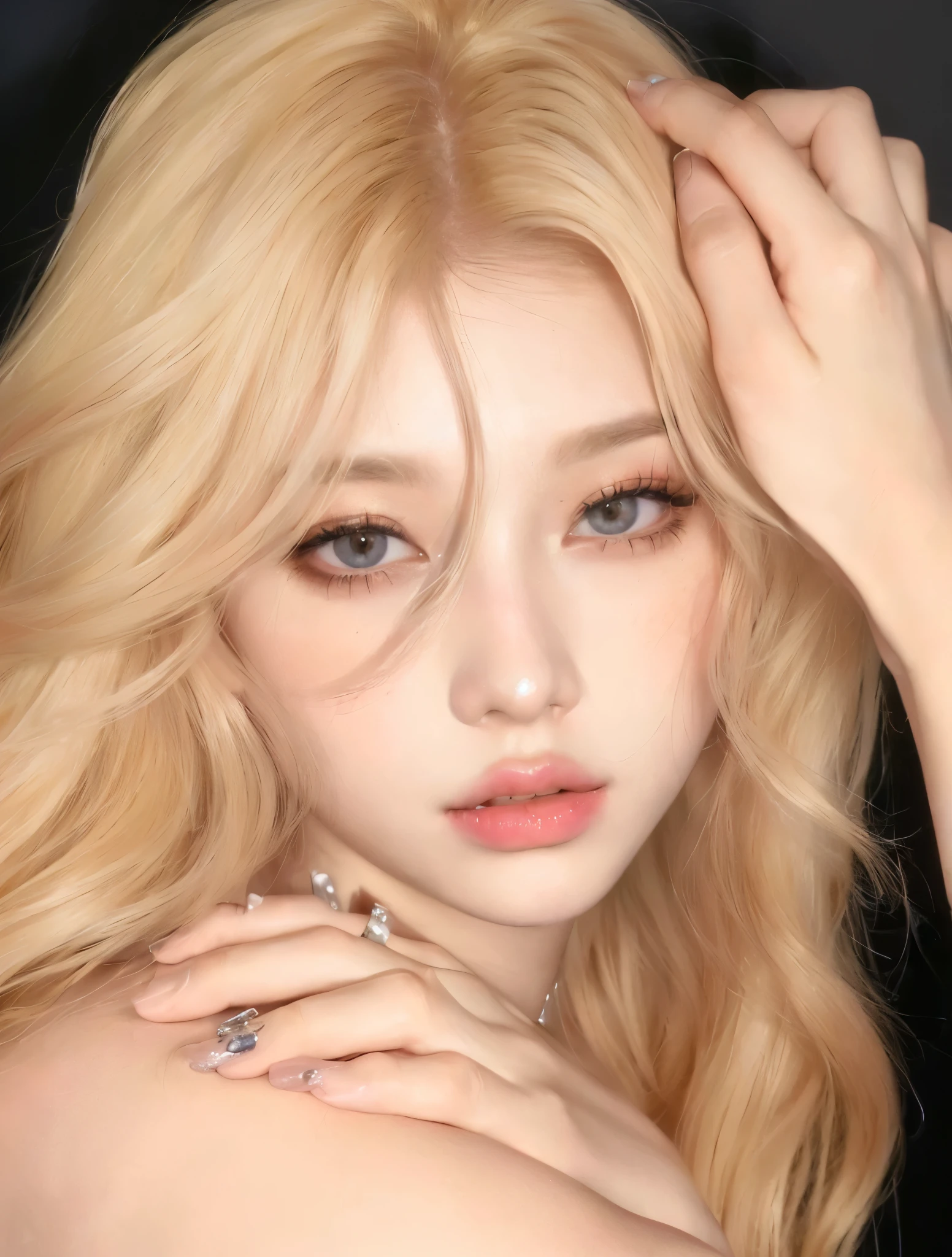 Long haired blonde woman holding a white cell phone., retrato de kim petras, maquillaje popular de corea del sur, Retrato de Jossi de Blackpink, Parque Roseanne de Blackpink, ulzzang, maquillaje coreano popular, cruel korean gothic girl, ava max, con el pelo largo y blanco, inspirado en Yanjun Cheng, bella delfina, kim taejin